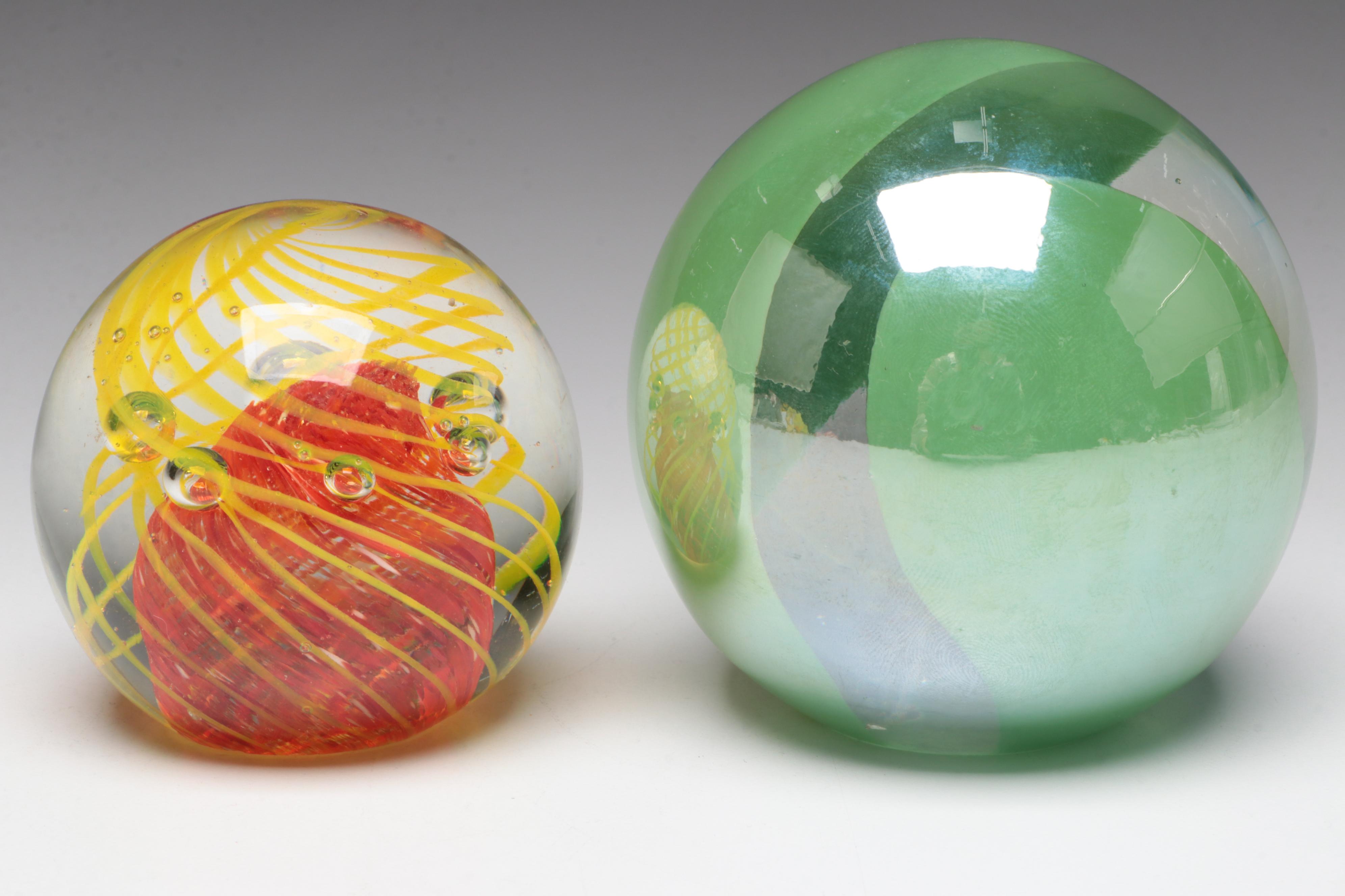 Tulip Motif Glass Vase with Murano Style Glass Frog Paperweight and More