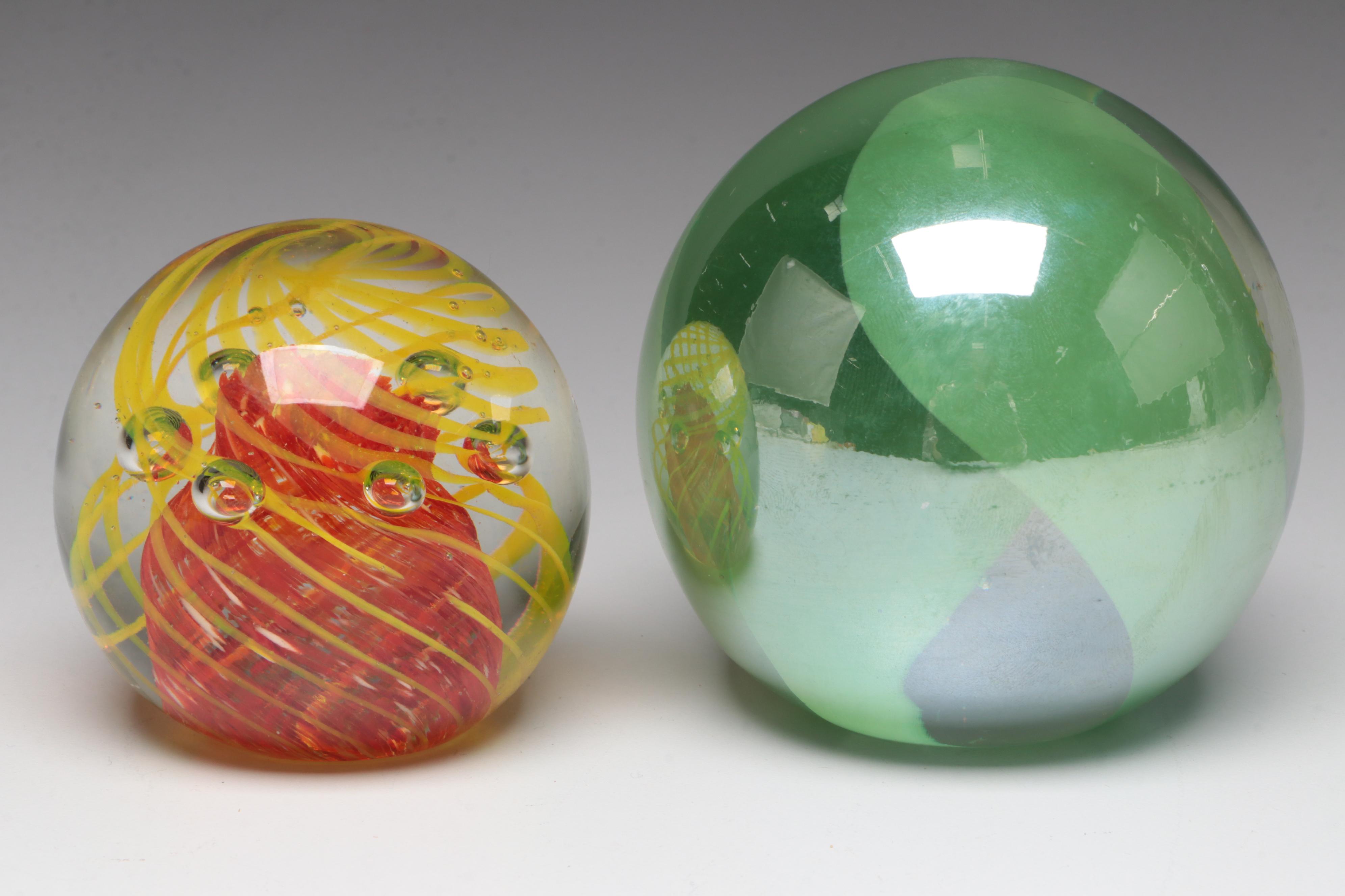 Tulip Motif Glass Vase with Murano Style Glass Frog Paperweight and More