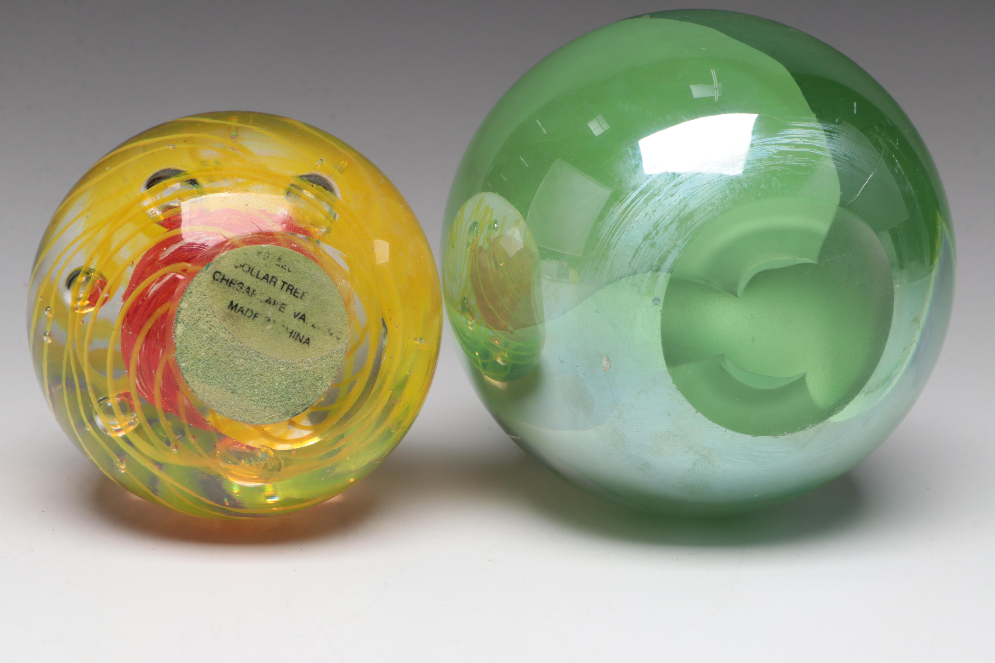 Tulip Motif Glass Vase with Murano Style Glass Frog Paperweight and More