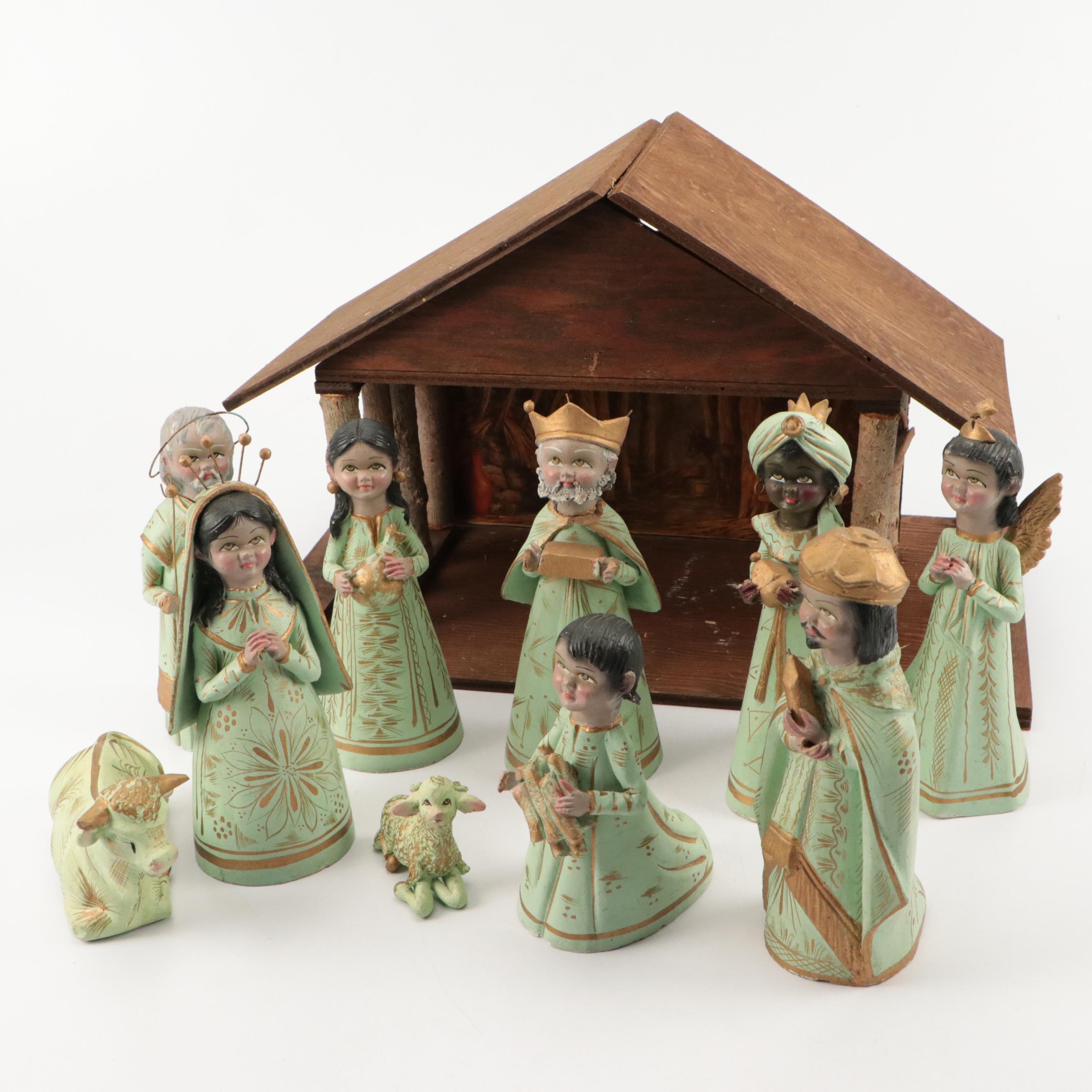 Mexican Hand-Painted Ceramic Nativity Scene, Mid to Late 20th Century