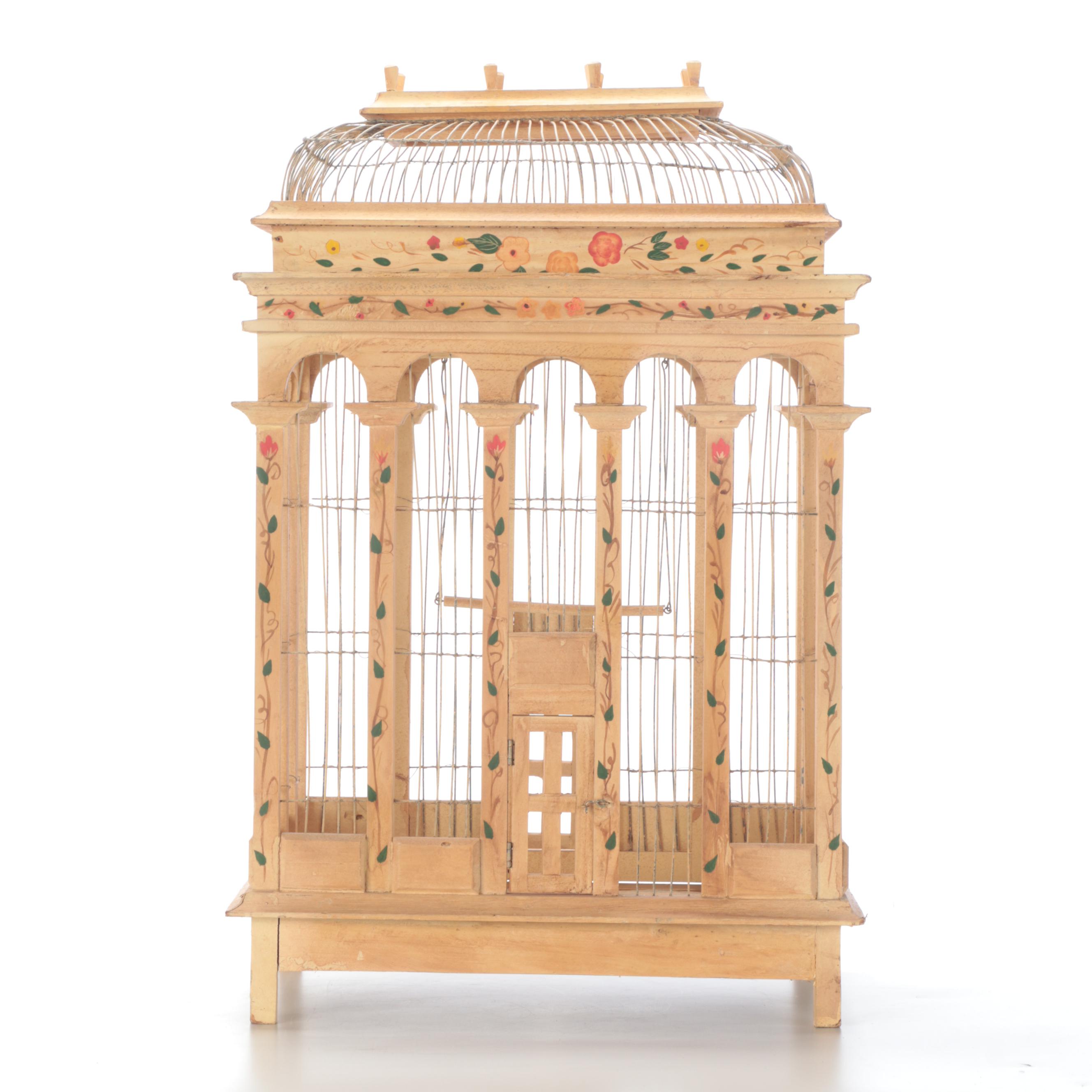 Victorian Style Paint-Decorated Wood and Wire Bird Cage