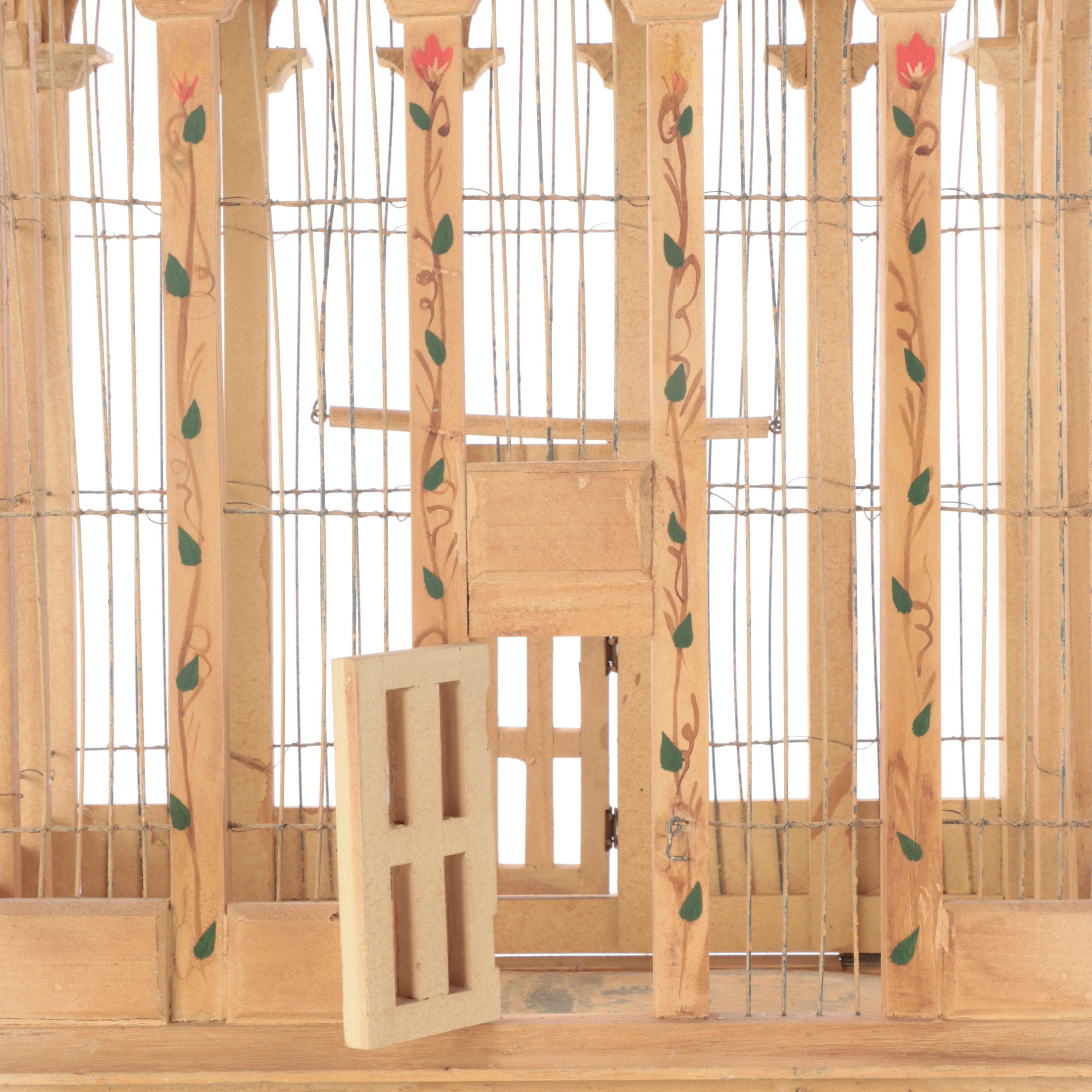 Victorian Style Paint-Decorated Wood and Wire Bird Cage