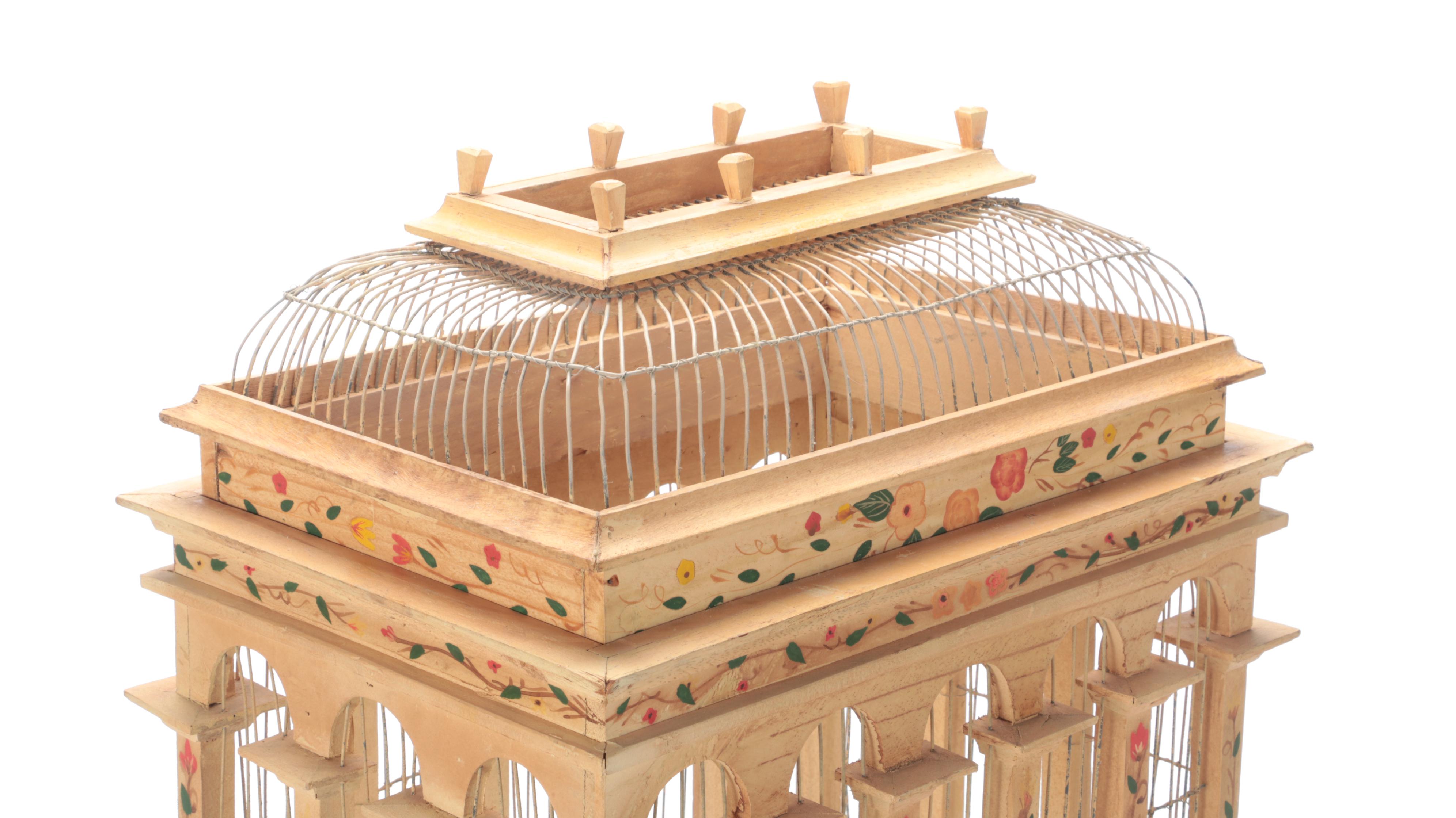 Victorian Style Paint-Decorated Wood and Wire Bird Cage