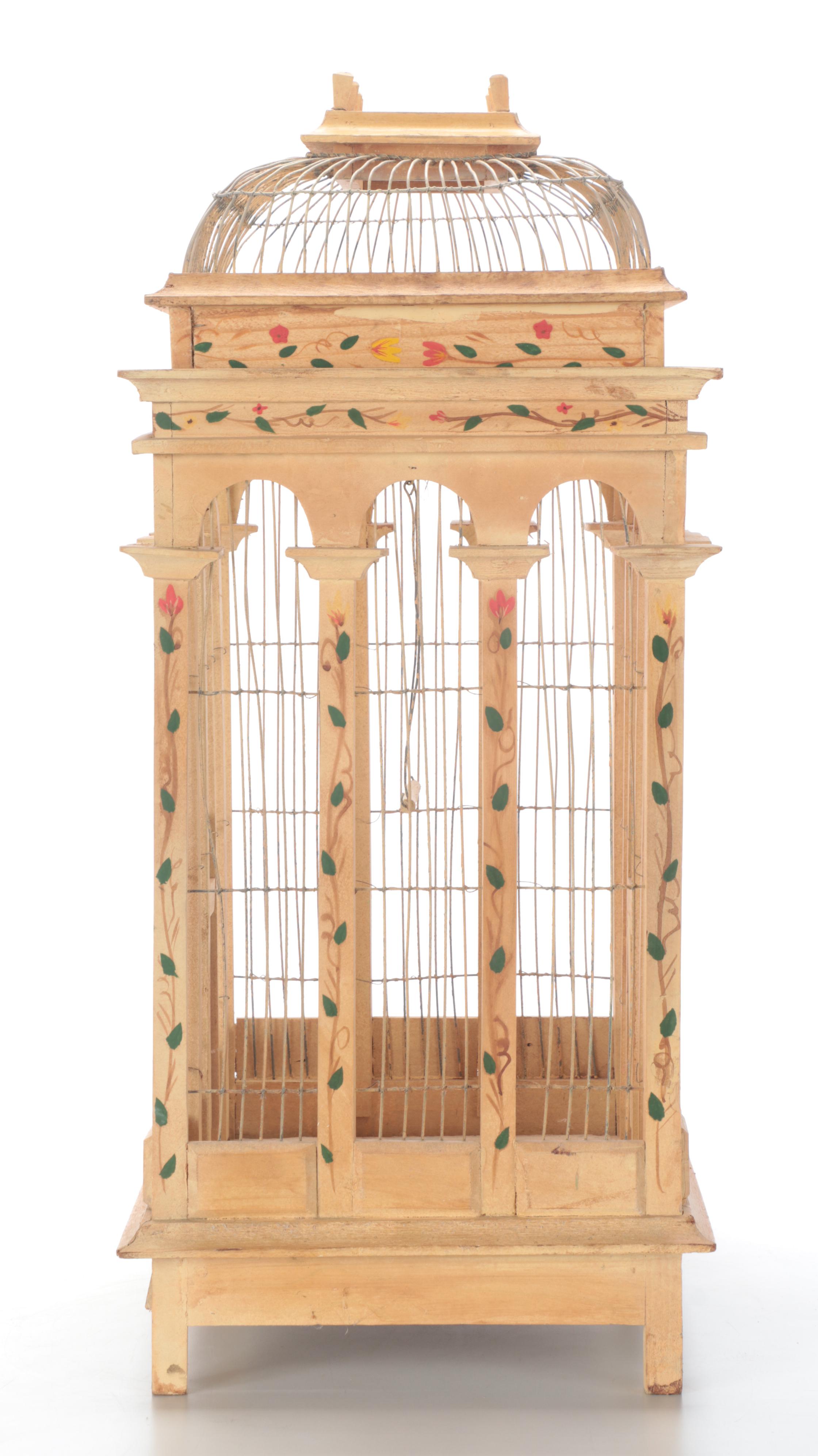 Victorian Style Paint-Decorated Wood and Wire Bird Cage