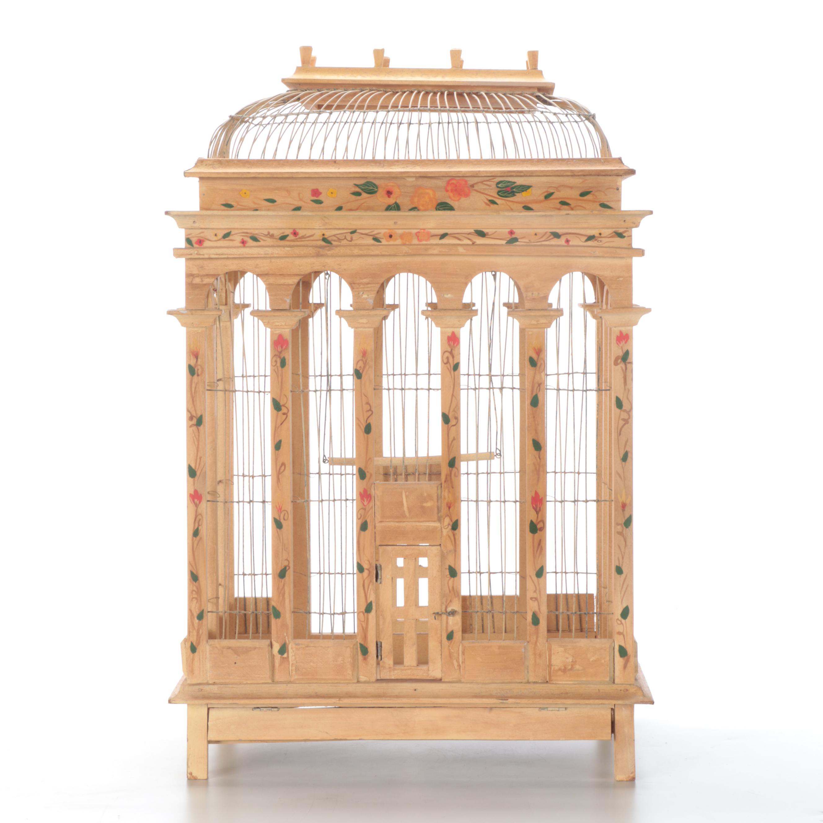 Victorian Style Paint-Decorated Wood and Wire Bird Cage