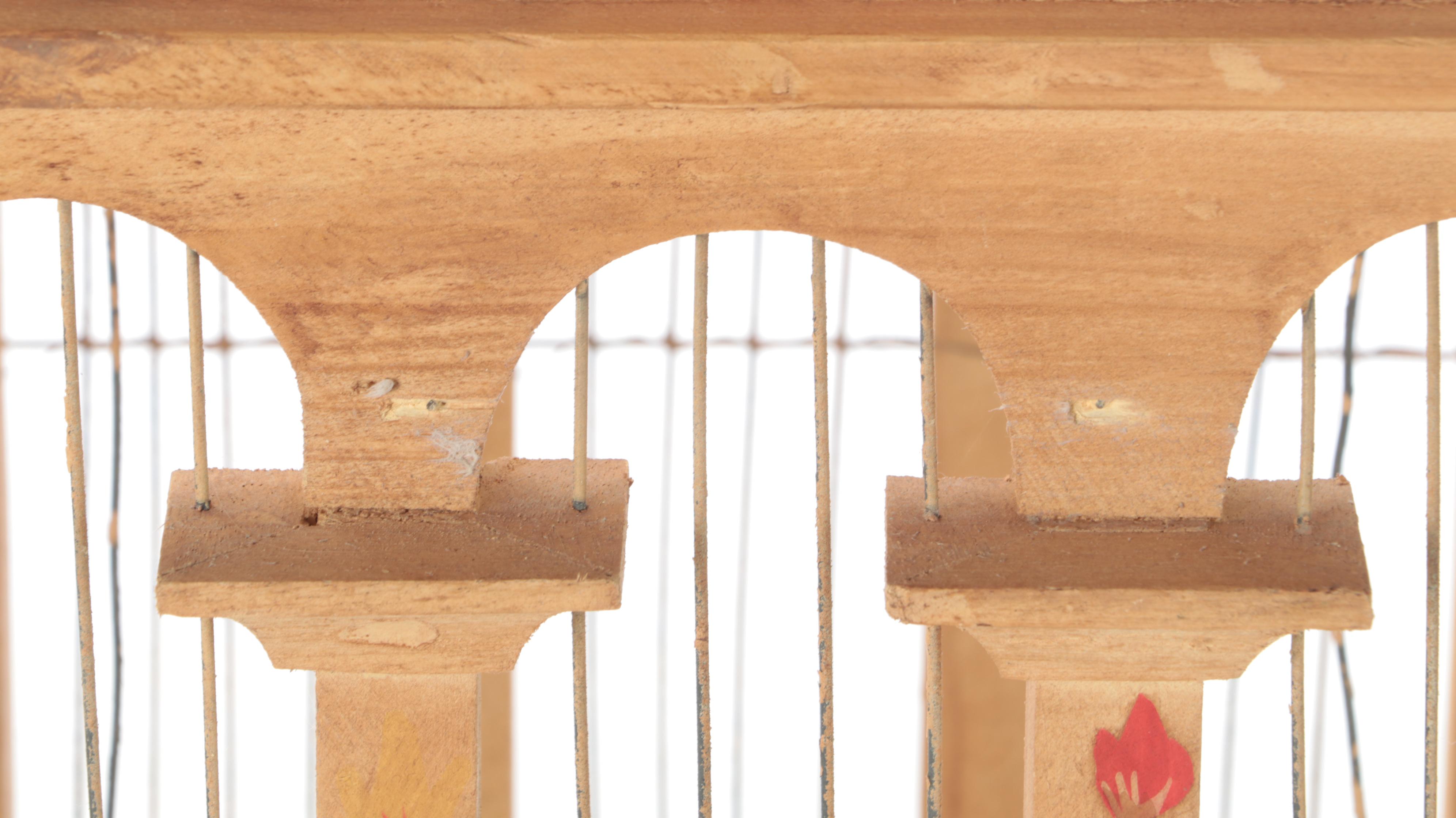 Victorian Style Paint-Decorated Wood and Wire Bird Cage