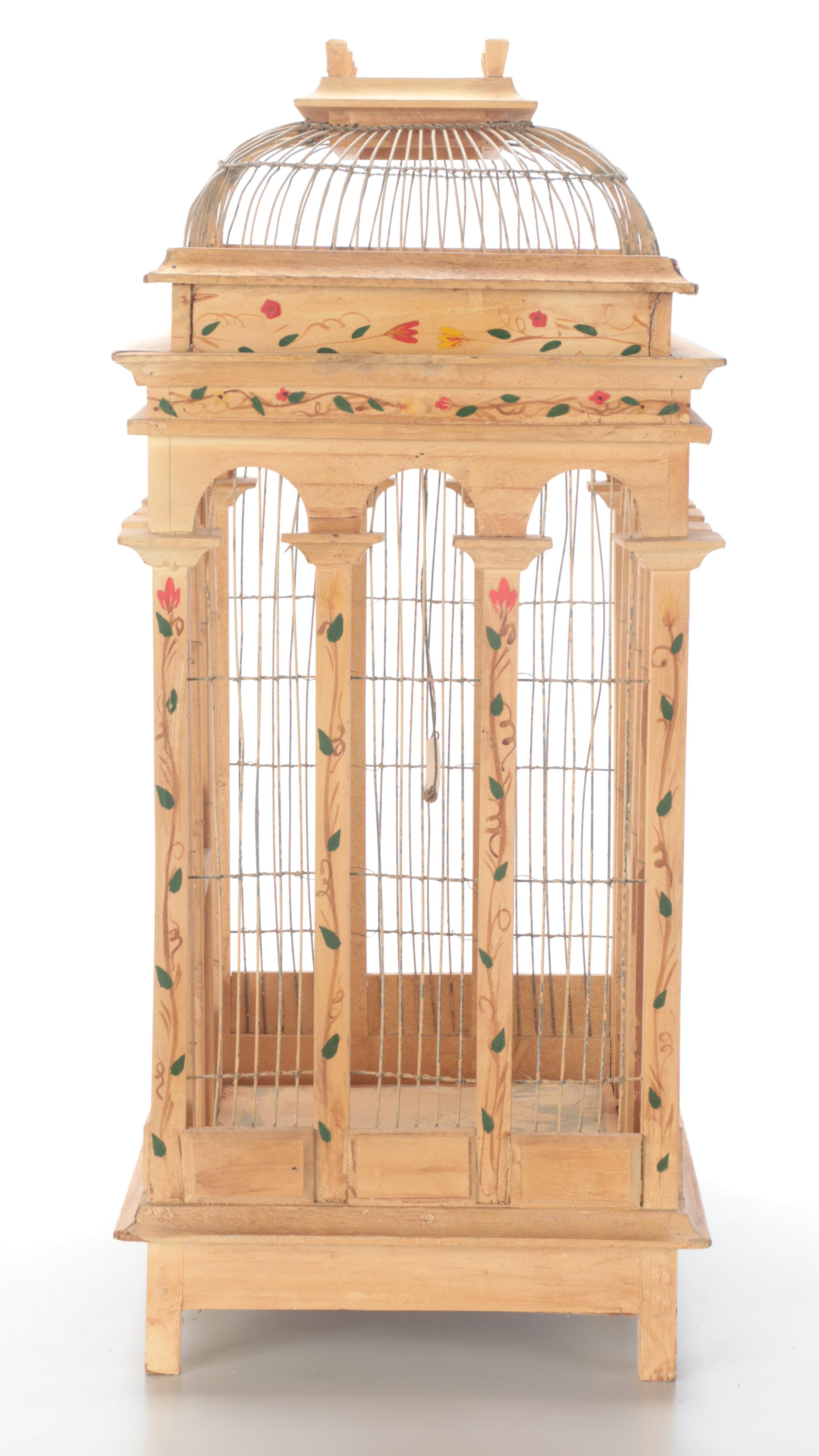 Victorian Style Paint-Decorated Wood and Wire Bird Cage