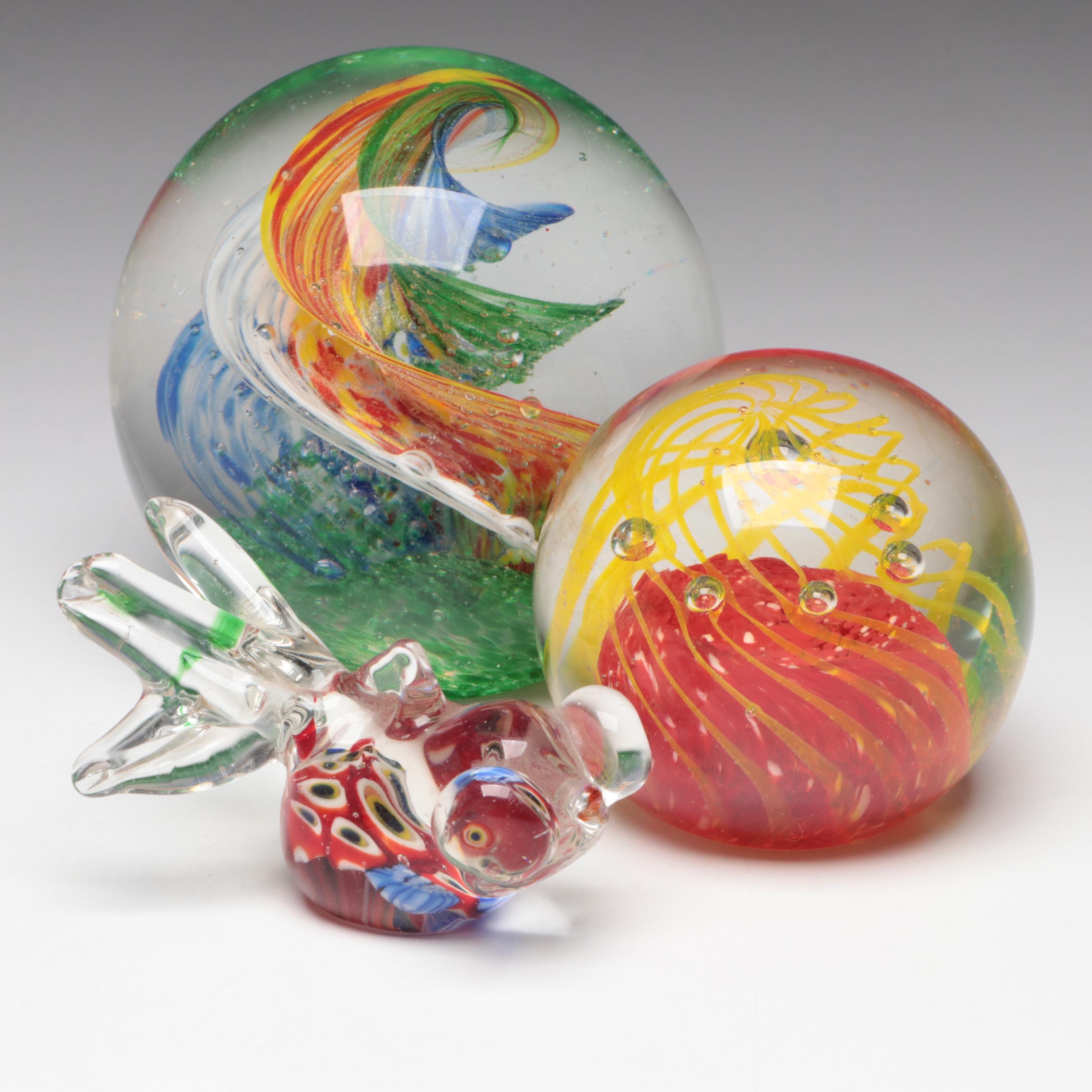 Multicolored Swirl Glass Paperweight with Glass Fish Paperweight and More
