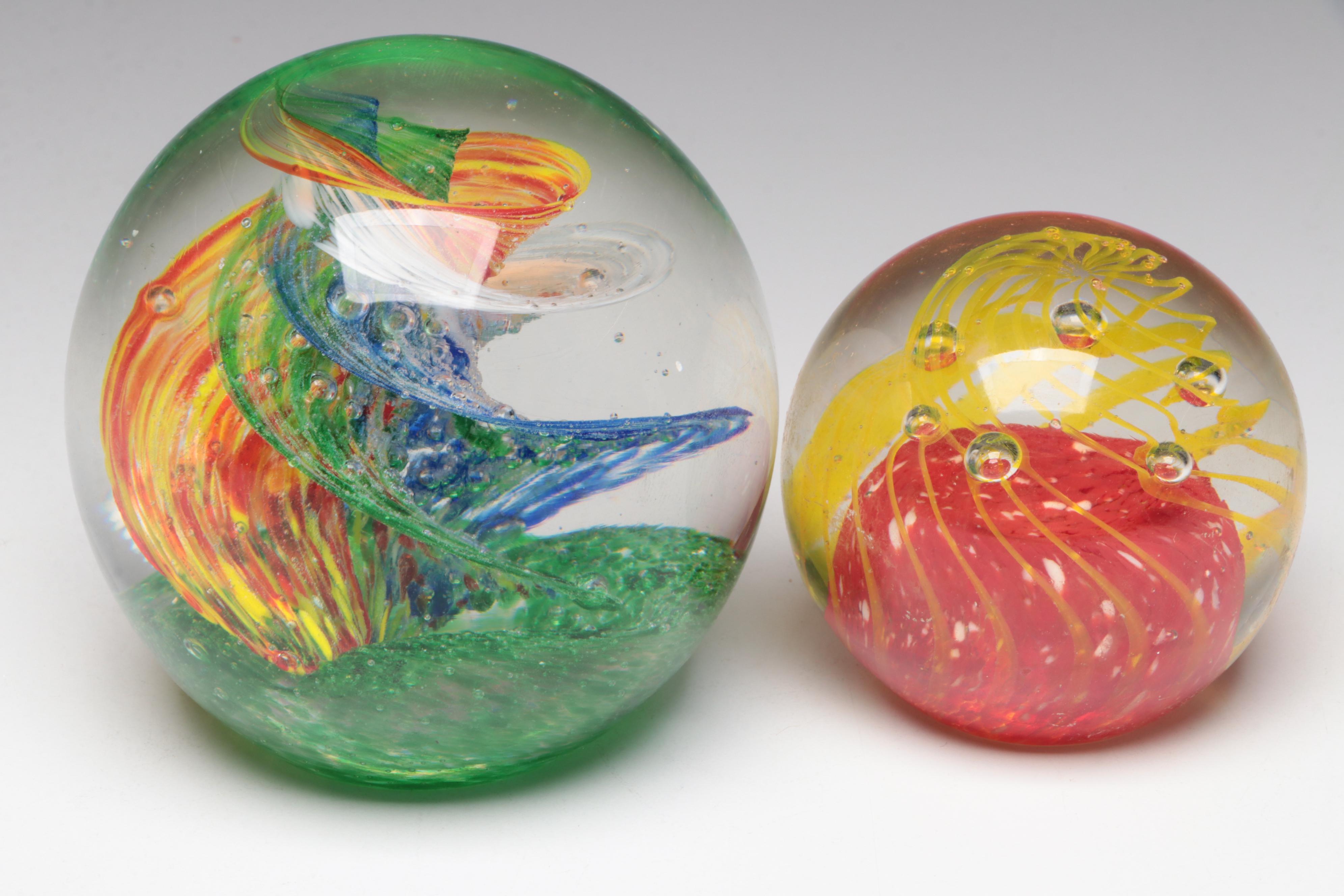 Multicolored Swirl Glass Paperweight with Glass Fish Paperweight and More
