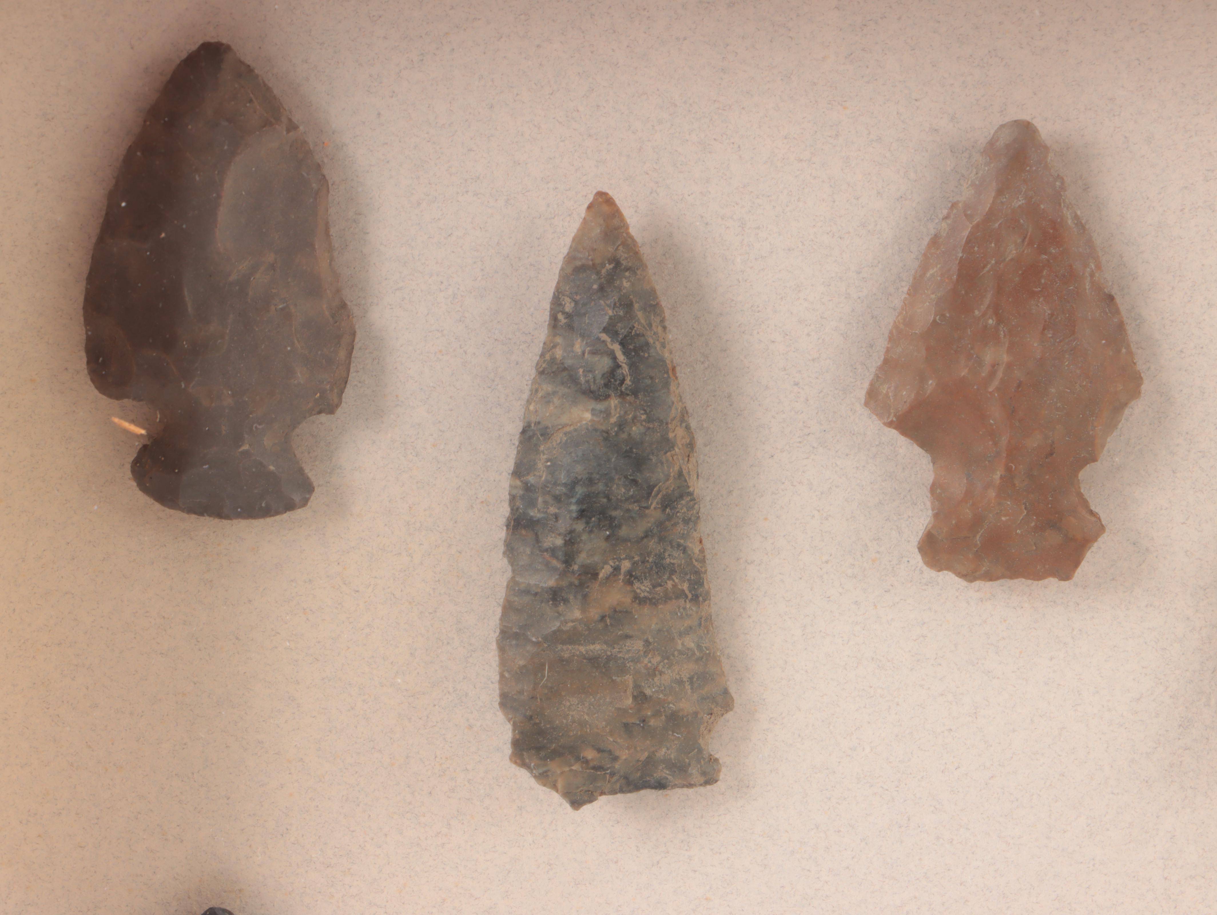 Knapped Stone Projectile Points and Arrowheads in Wooden Frame Display