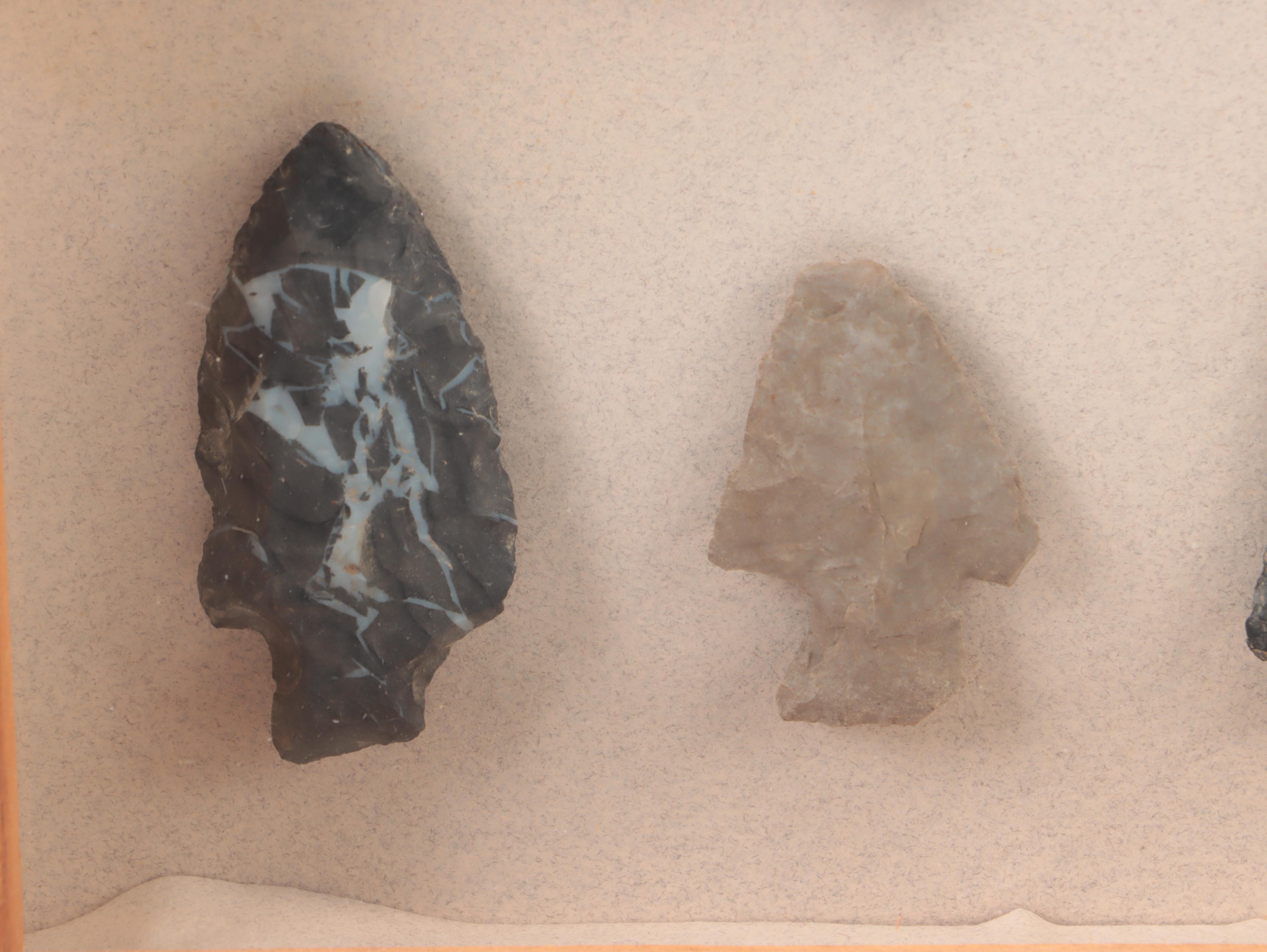 Knapped Stone Projectile Points and Arrowheads in Wooden Frame Display