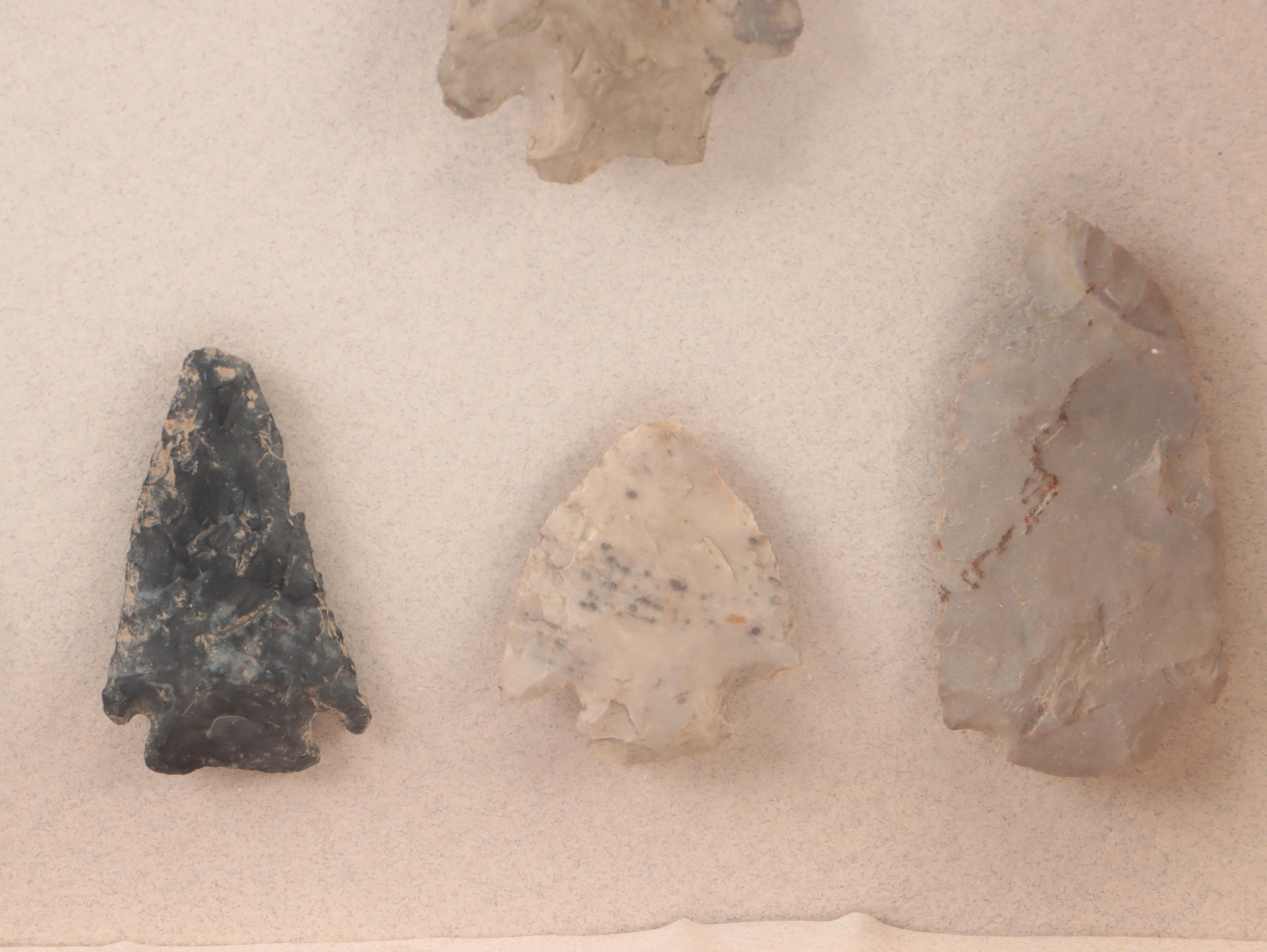Knapped Stone Projectile Points and Arrowheads in Wooden Frame Display