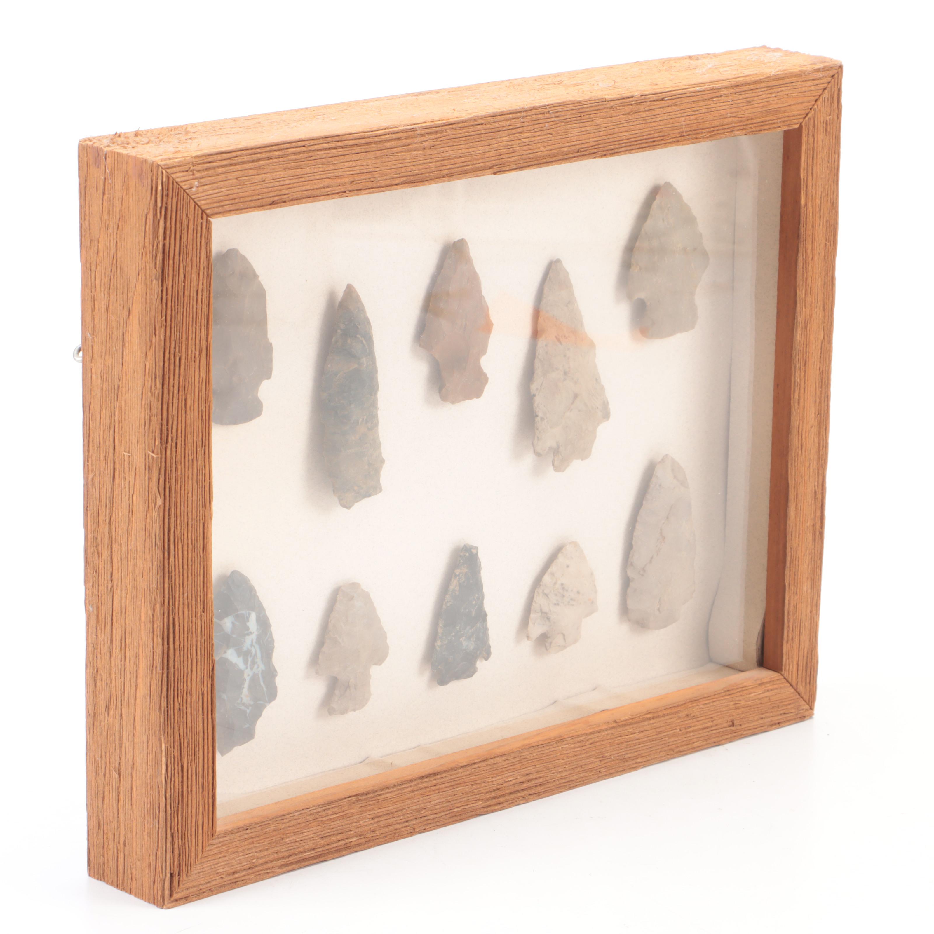 Knapped Stone Projectile Points and Arrowheads in Wooden Frame Display