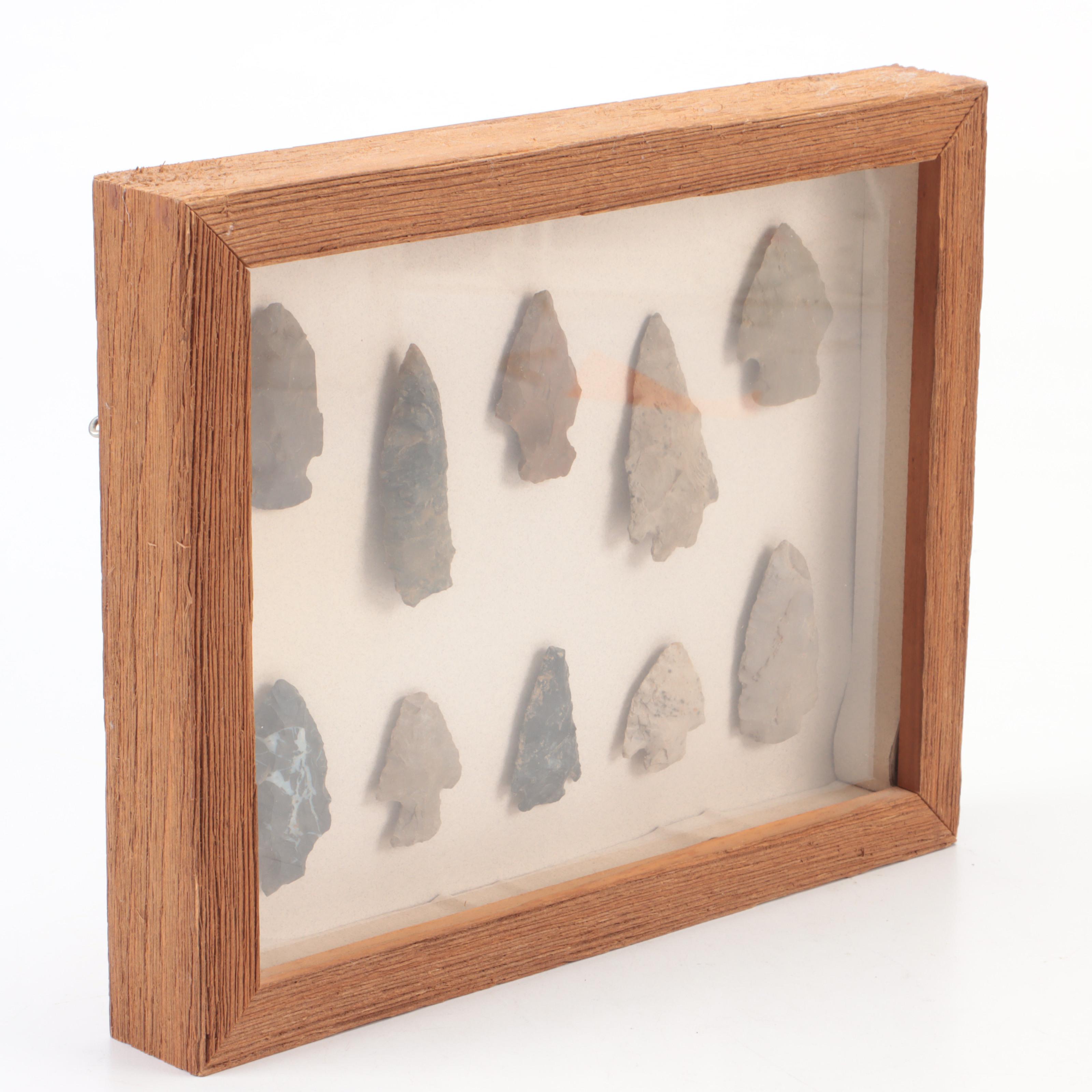 Knapped Stone Projectile Points and Arrowheads in Wooden Frame Display