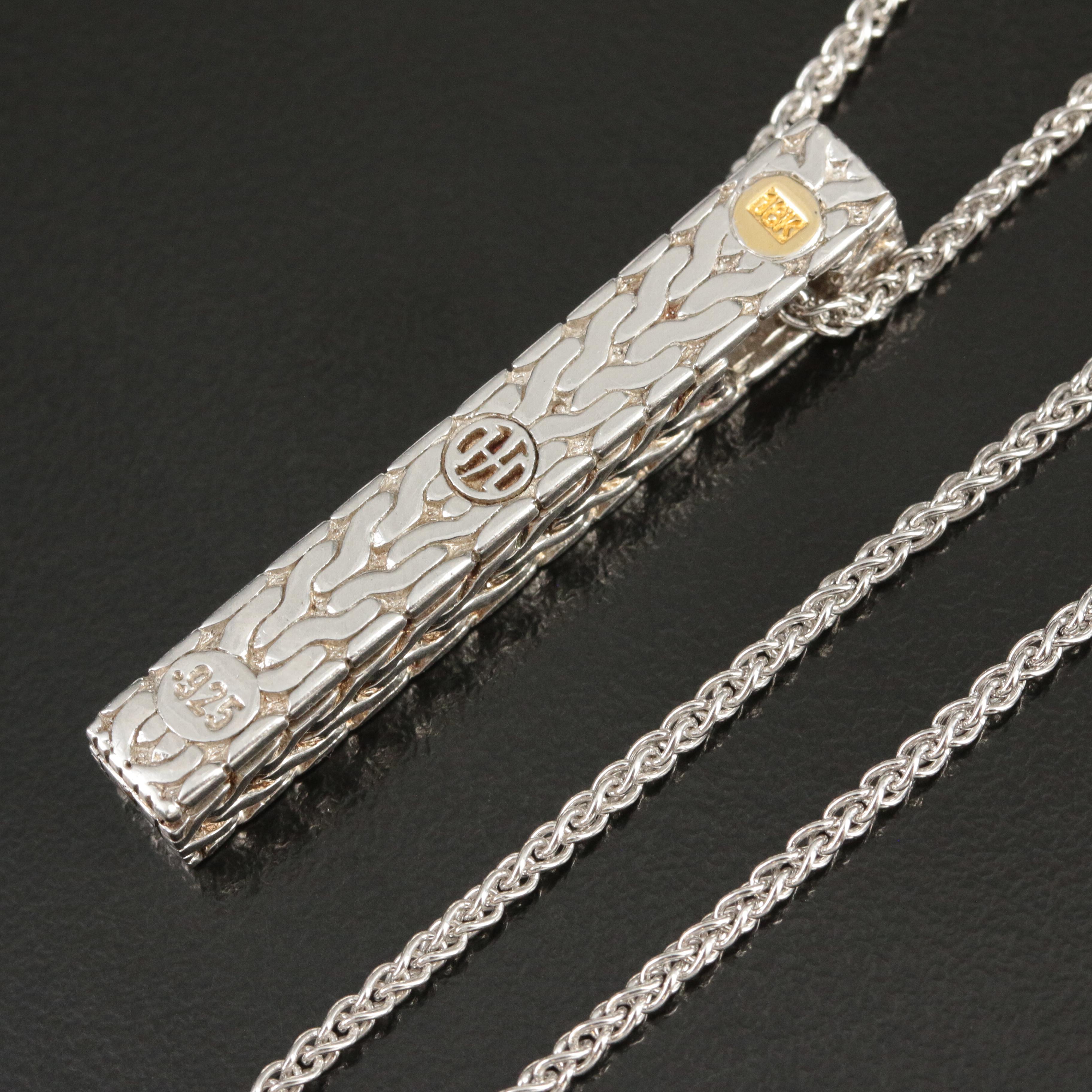 John Hardy Sterling and 18K 0.50 CTW Diamond Bar Pendant Enhancer on a Chain