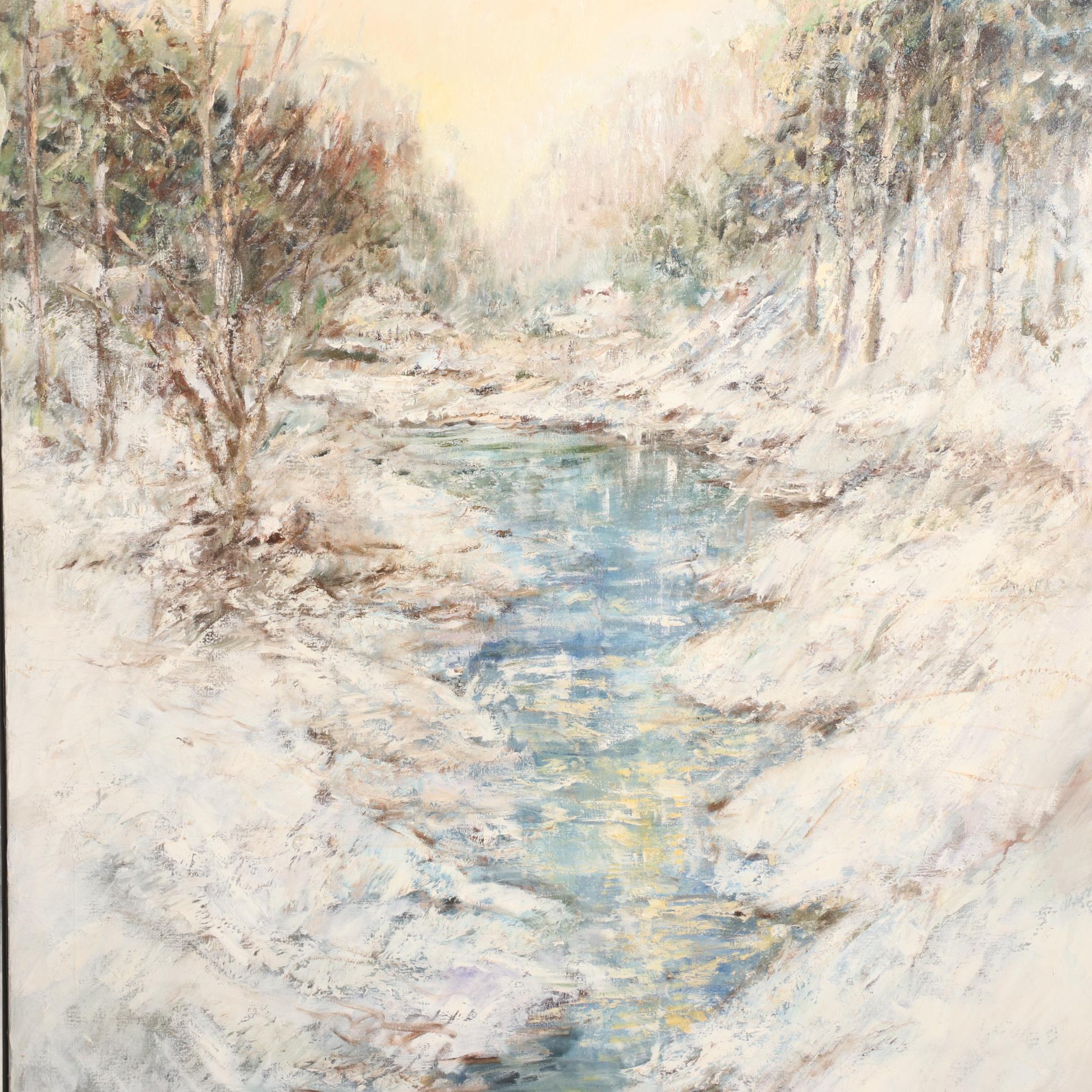 Mia Landscape Oil Painting Forest Creek in Winter, Mid to Late 20th Century
