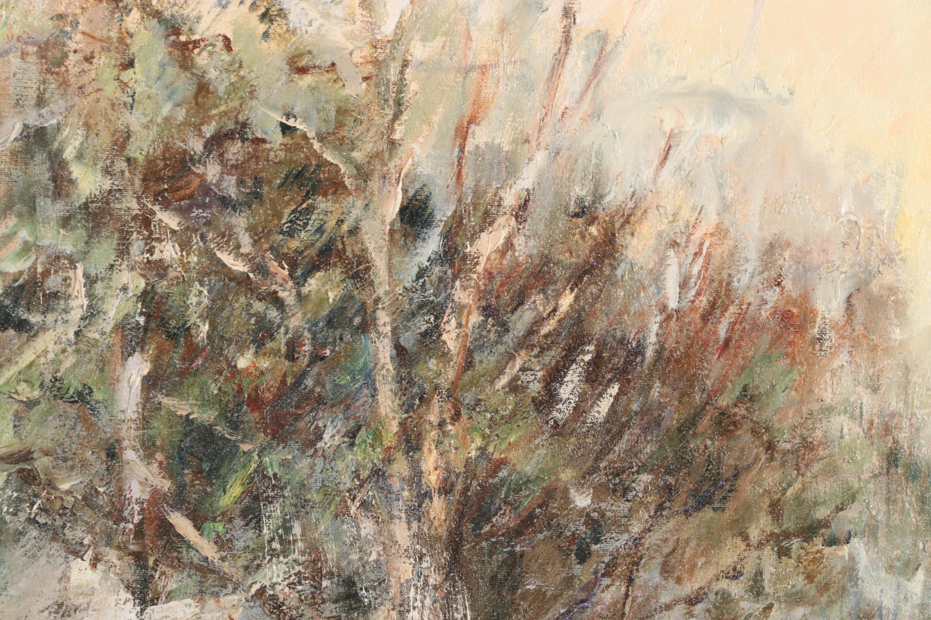 Mia Landscape Oil Painting Forest Creek in Winter, Mid to Late 20th Century