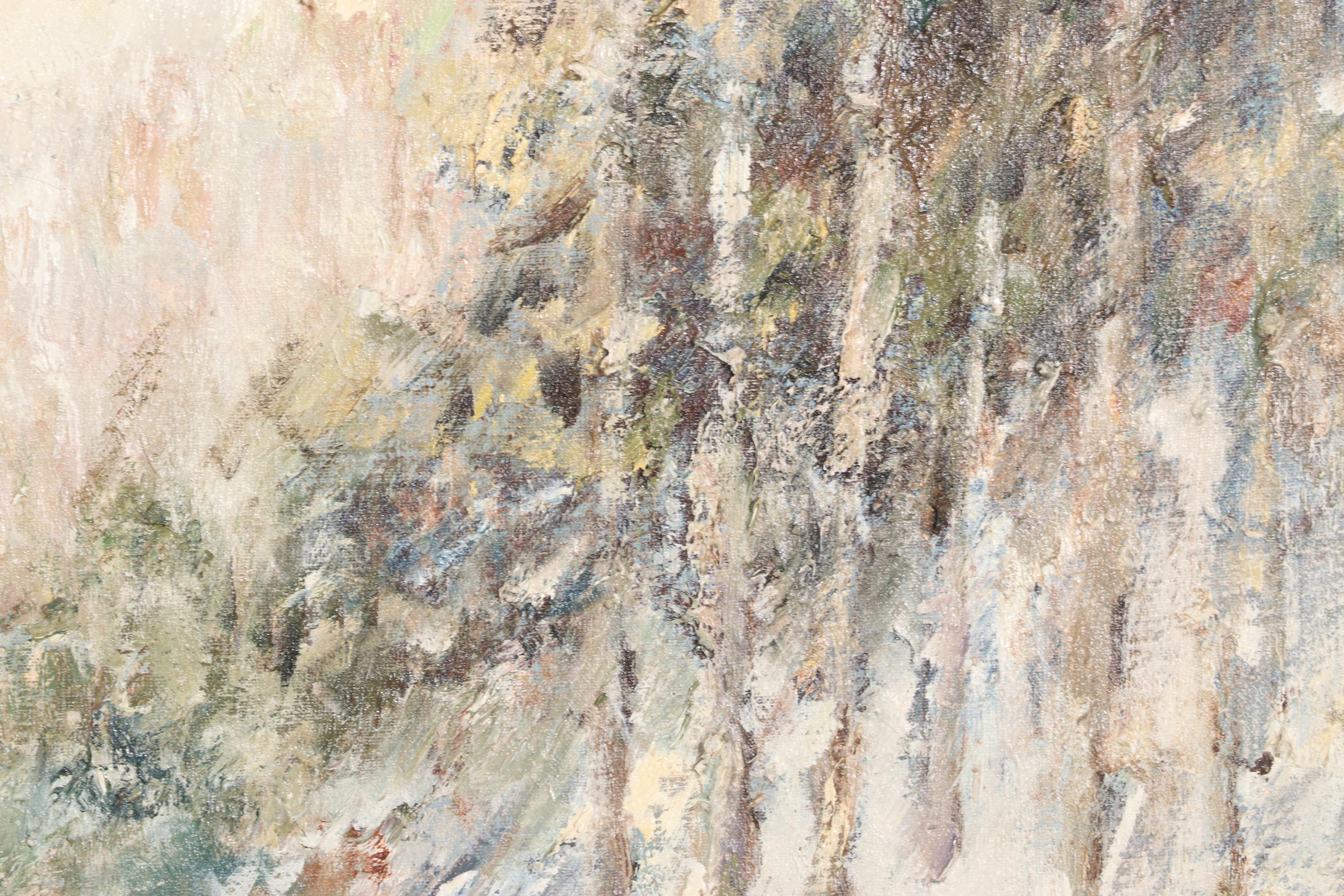 Mia Landscape Oil Painting Forest Creek in Winter, Mid to Late 20th Century