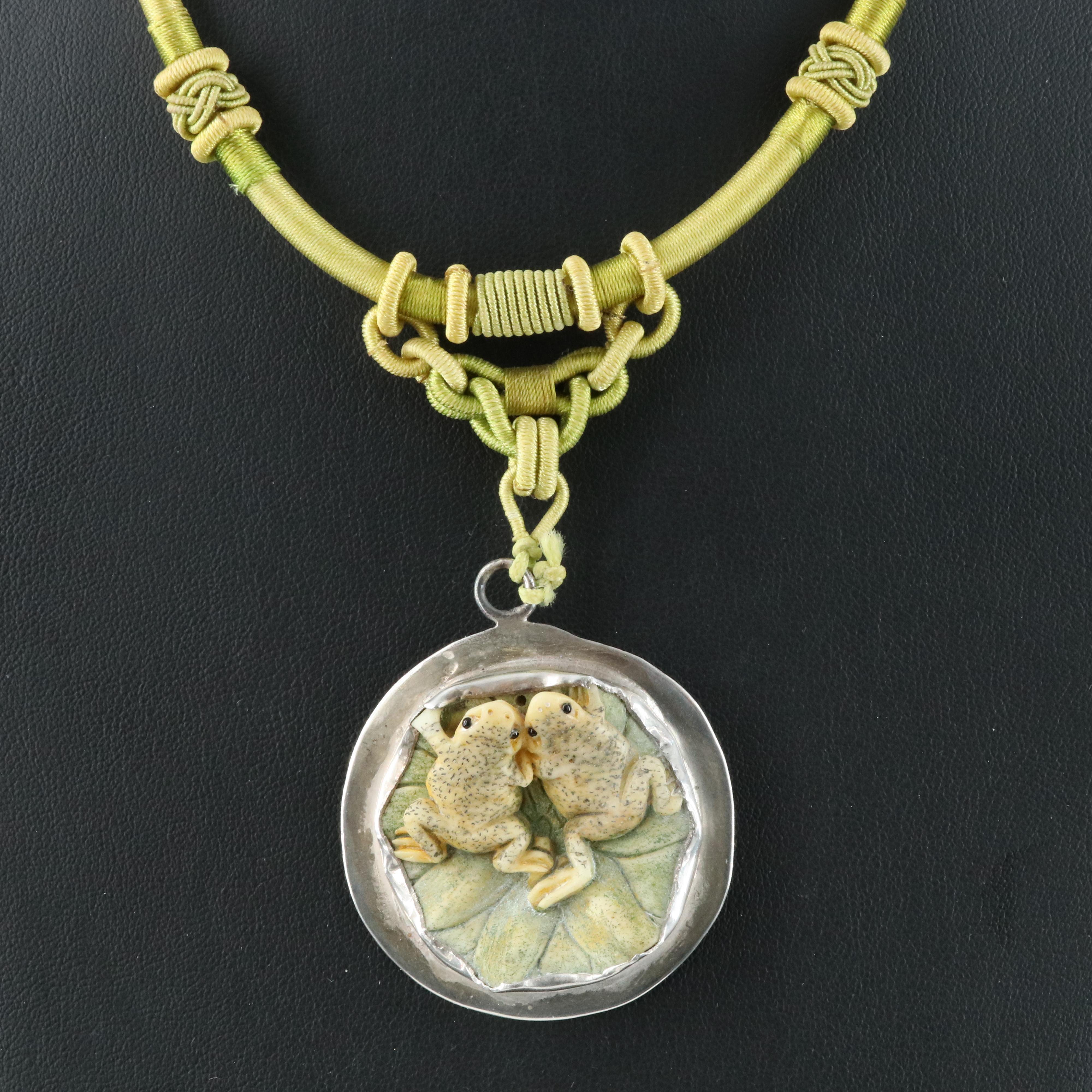 Sterling Bone and Prehnite Frogs on Lily Pad Necklace EBTH