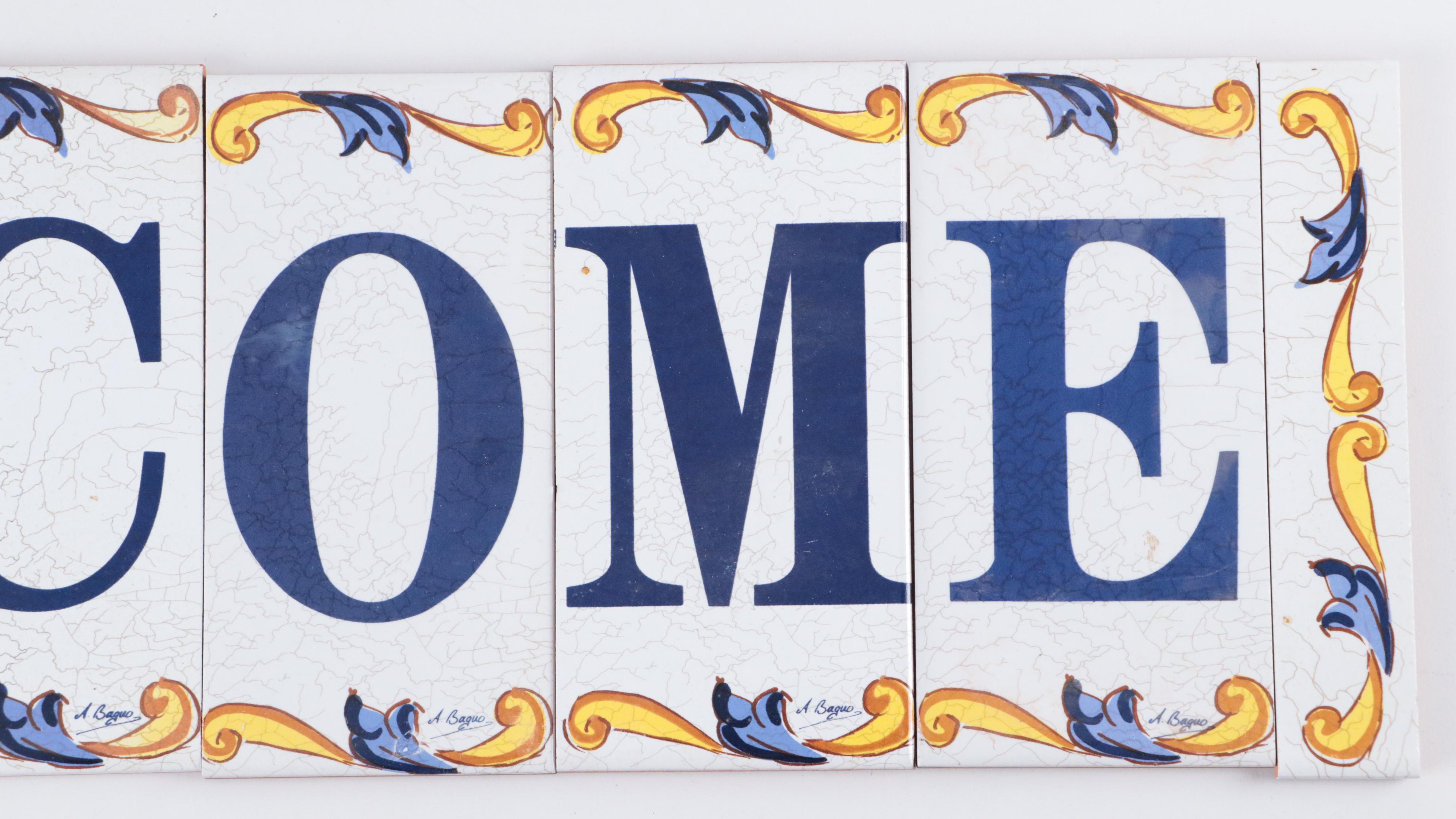 Hammered Copper Mailbox With Tin Glazed Terracotta "Welcome" Wall Tiles