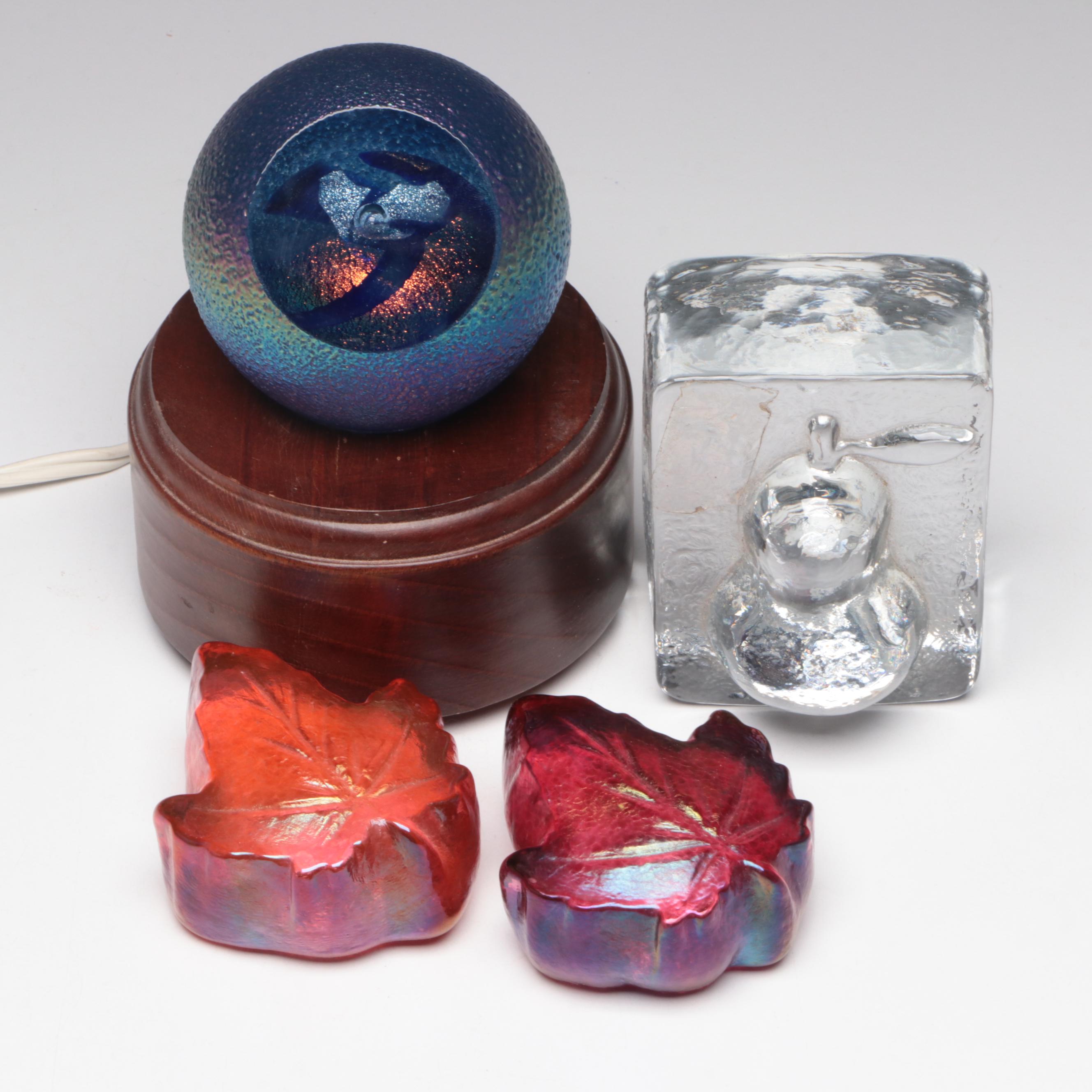 Studio Art Glass Paperweights and Illuminated Base