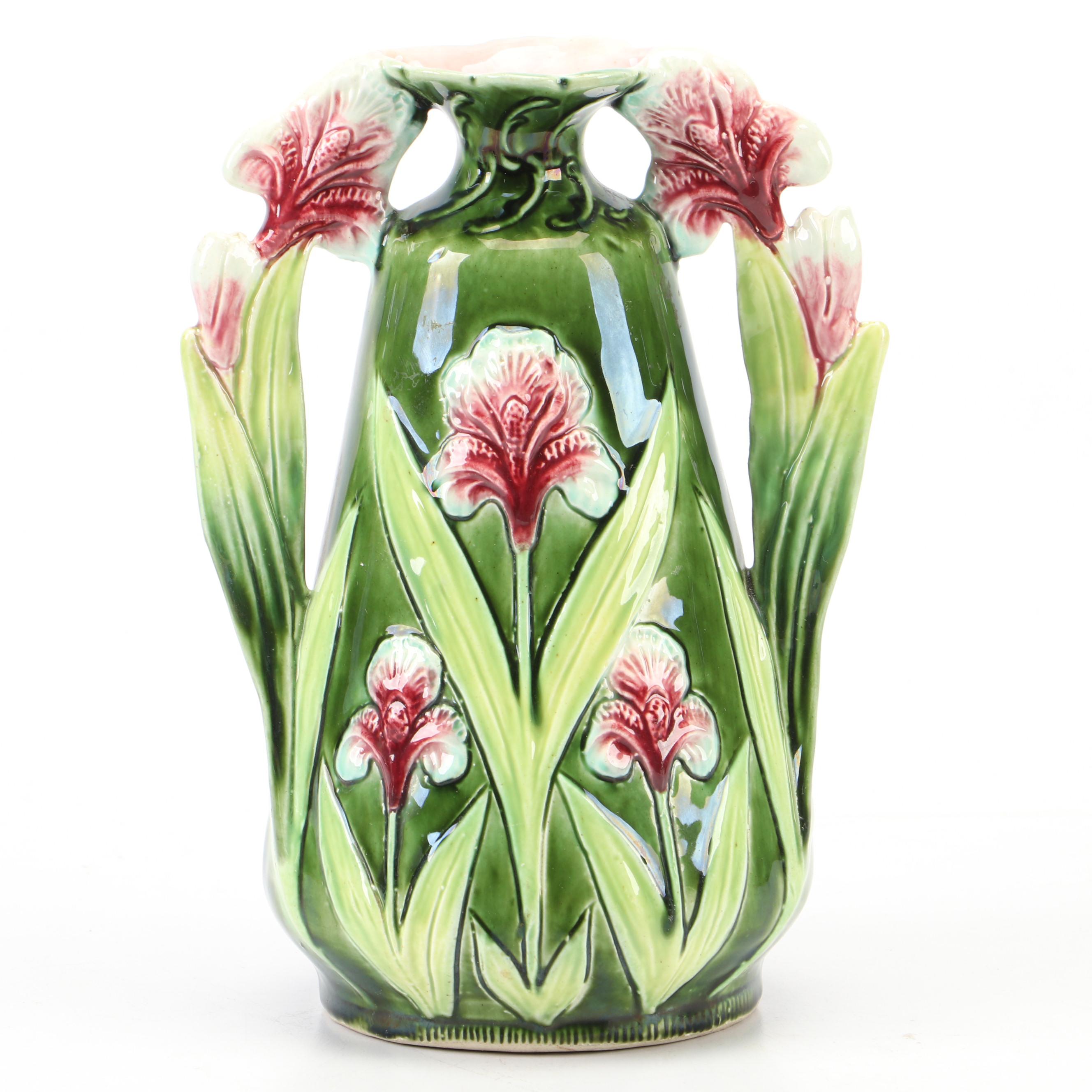 Josef Strnact Austrian Majolica Double Handle Vase, Early 20th Century