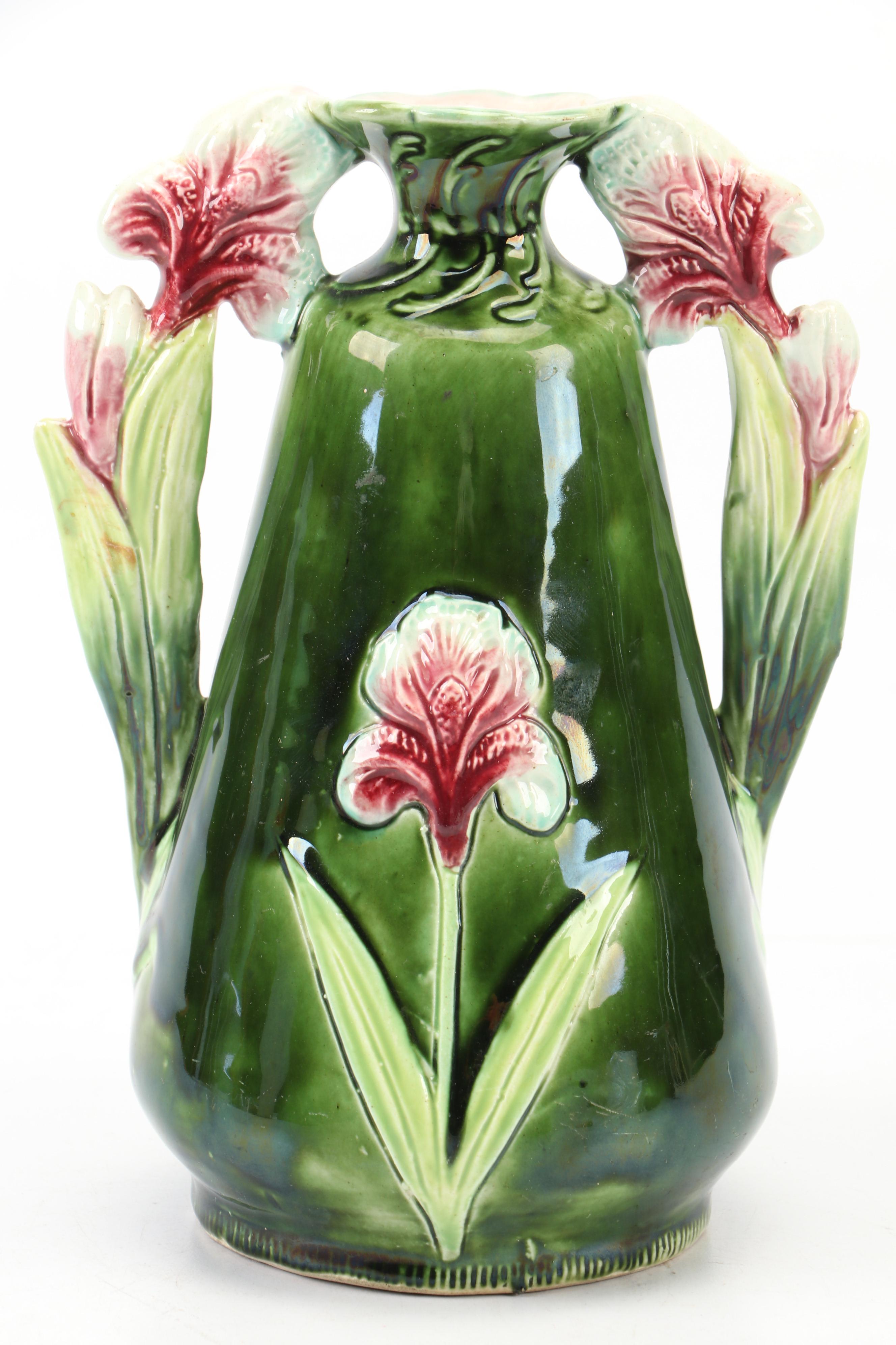 Josef Strnact Austrian Majolica Double Handle Vase, Early 20th Century