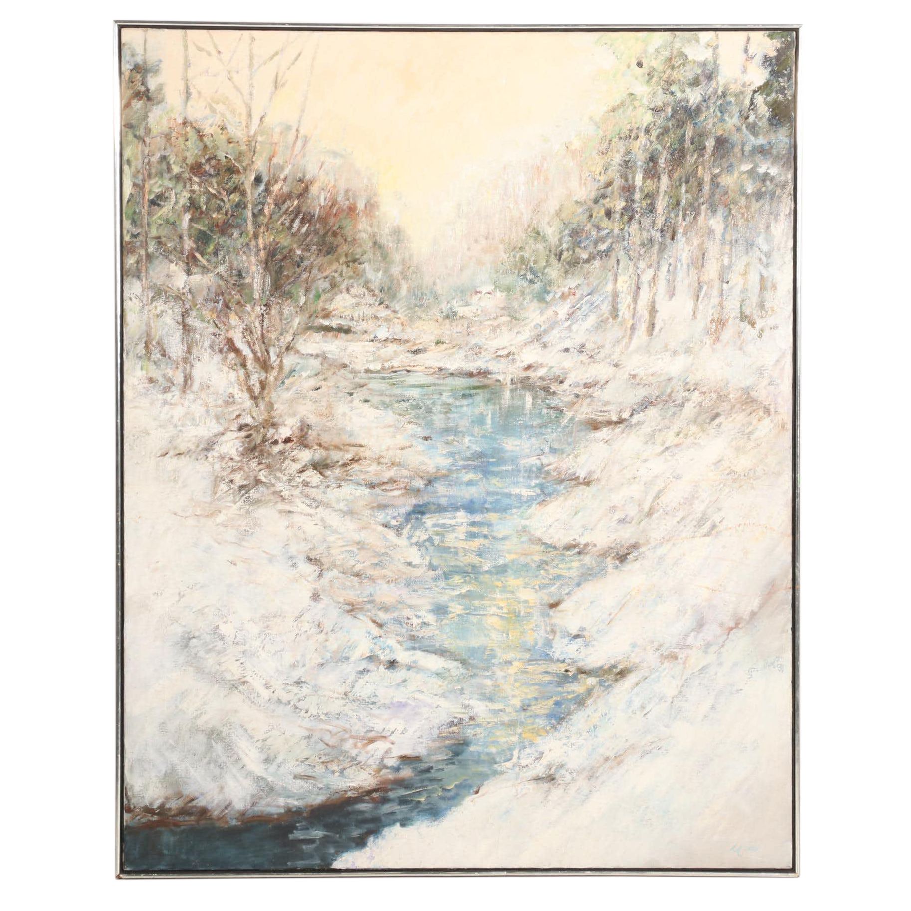 Mia Landscape Oil Painting Forest Creek in Winter, Mid to Late 20th Century