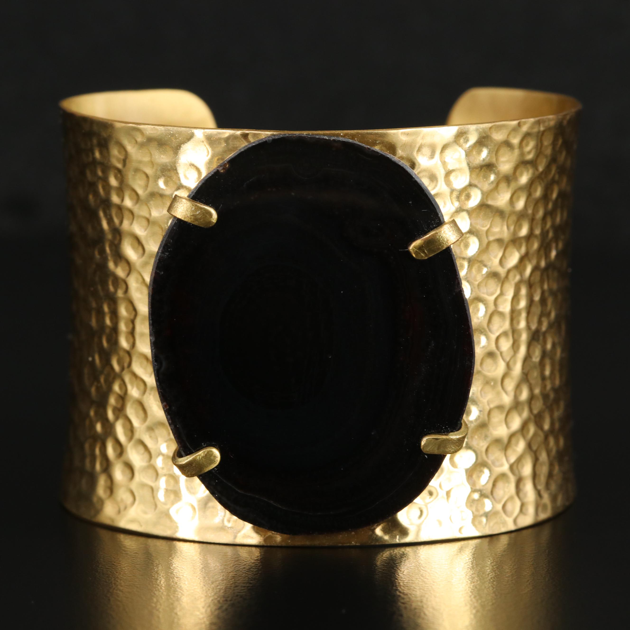 Onyx and Hammered Brass Cuff Bracelet
