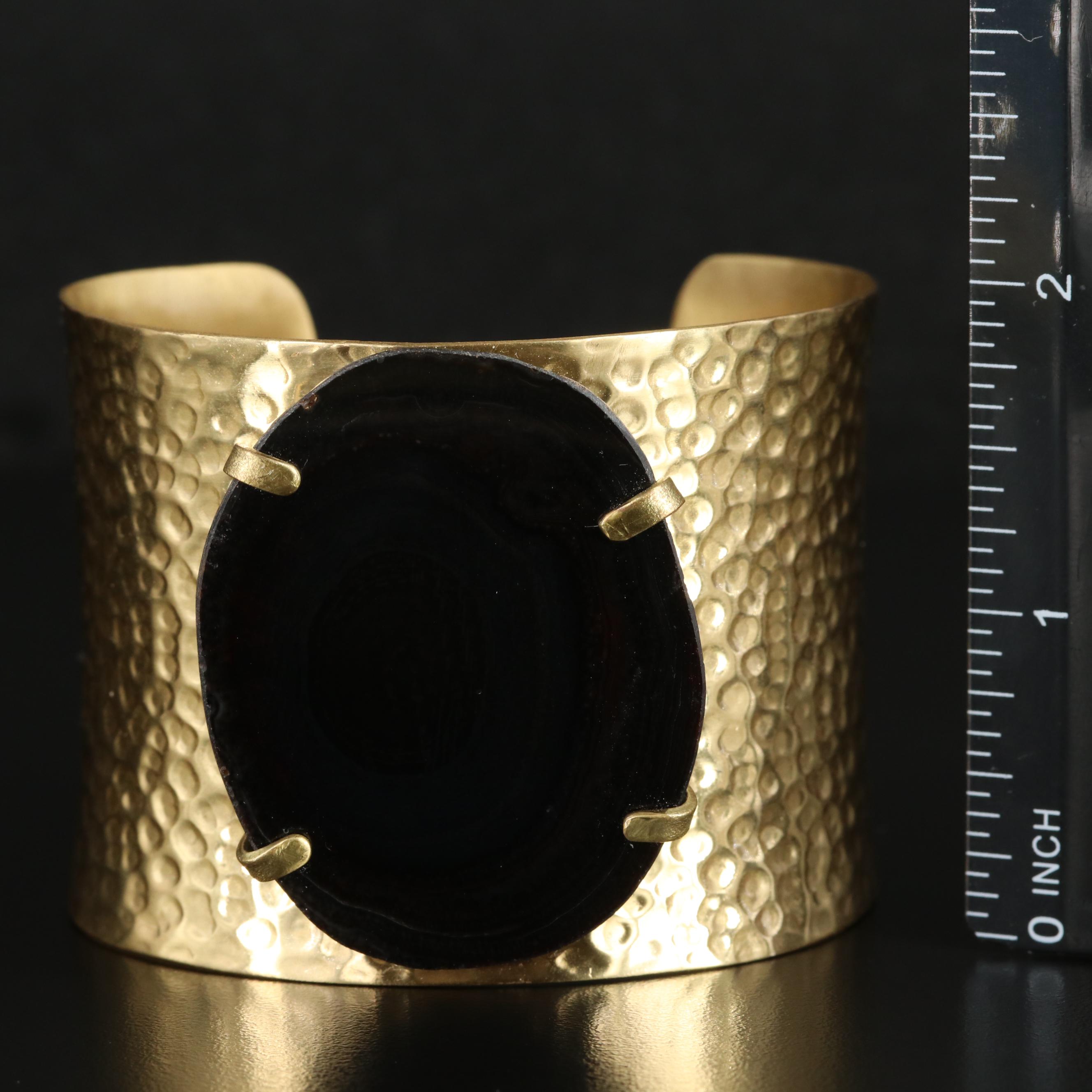 Onyx and Hammered Brass Cuff Bracelet