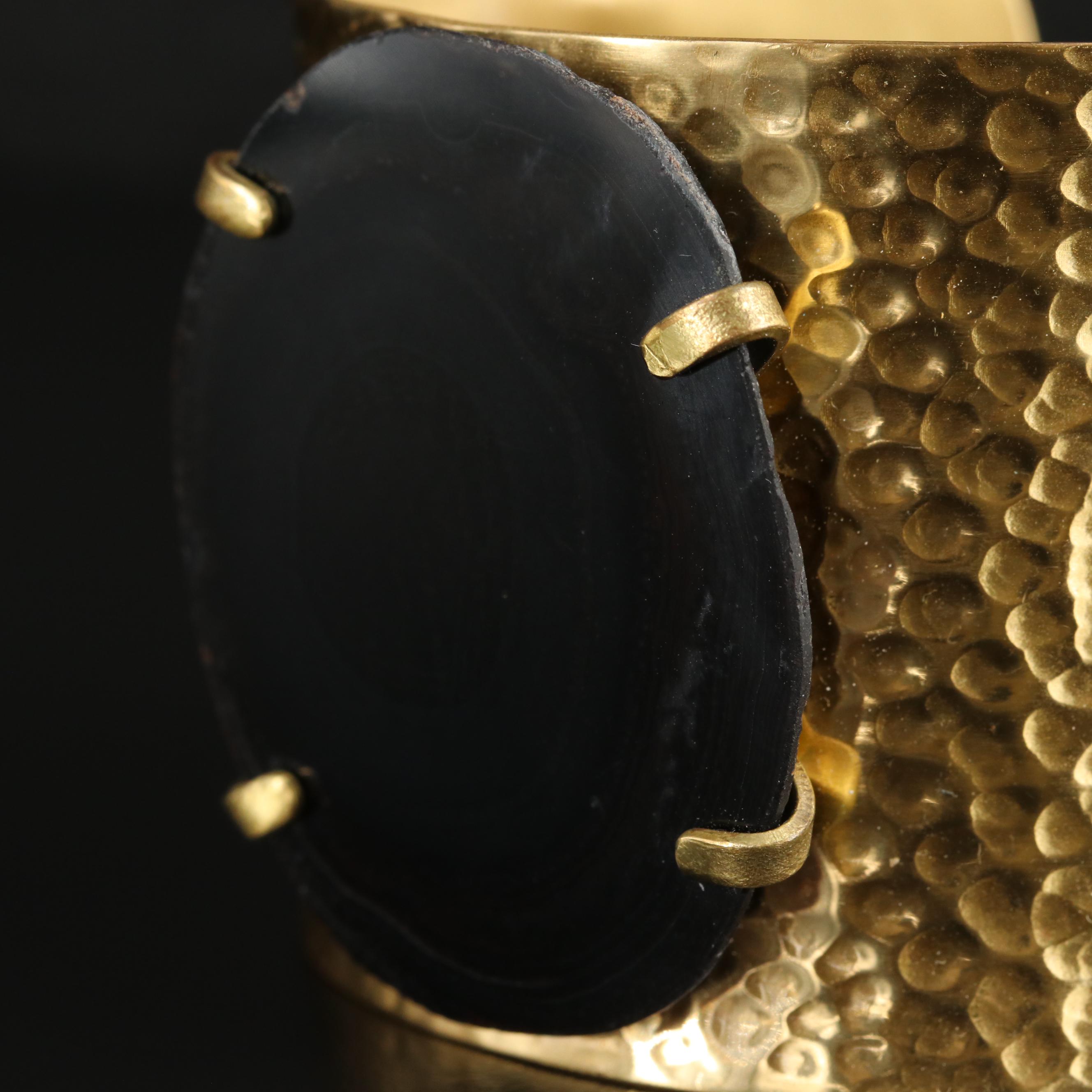 Onyx and Hammered Brass Cuff Bracelet