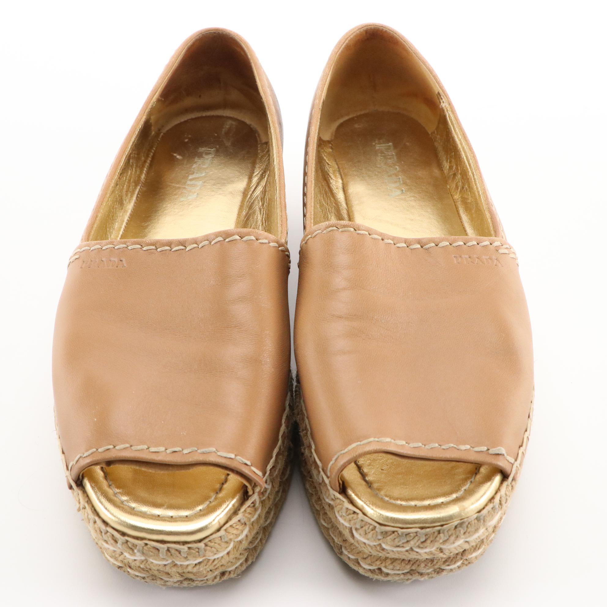 Prada Tan Leather Peep-Toe Platform Espadrilles