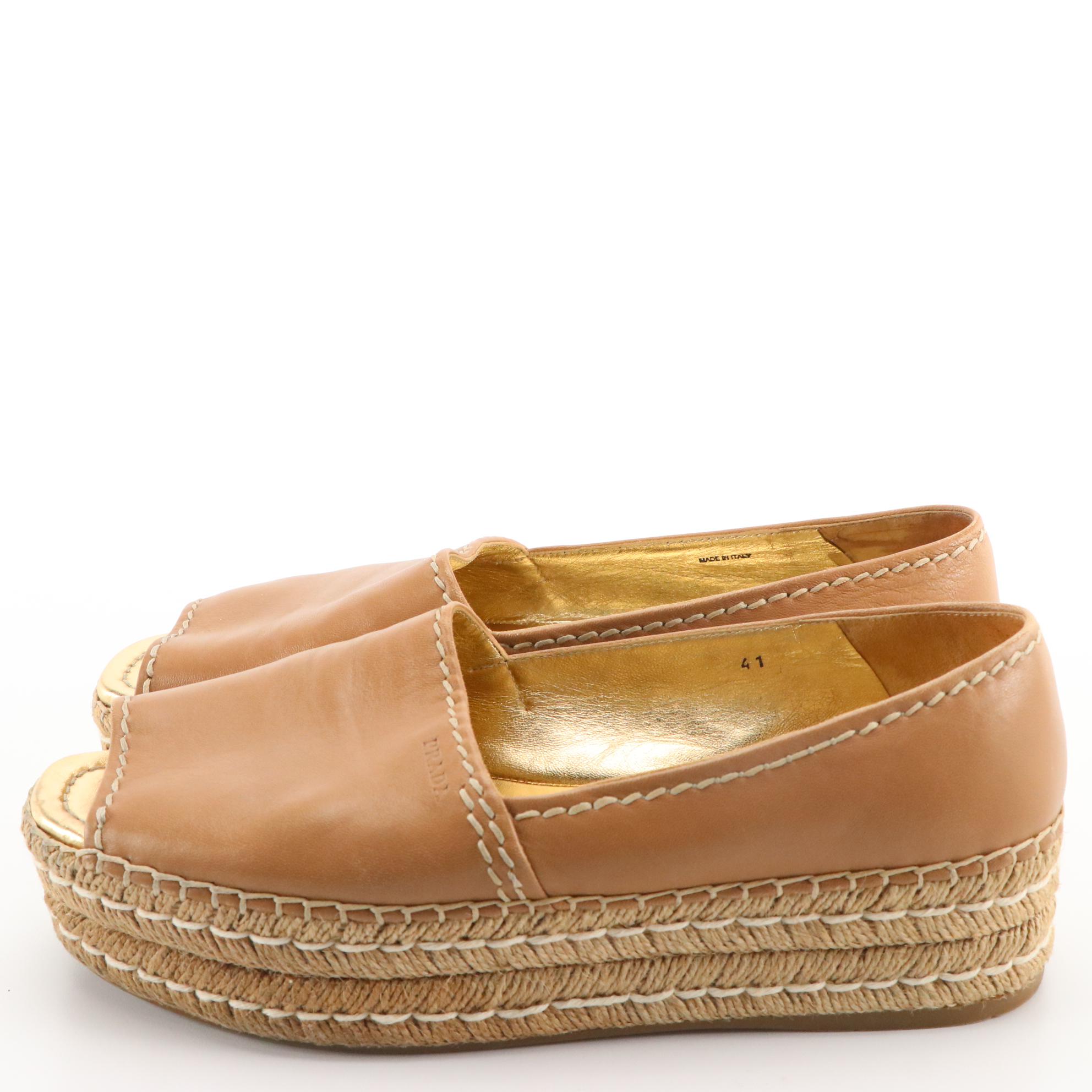 Prada Tan Leather Peep-Toe Platform Espadrilles