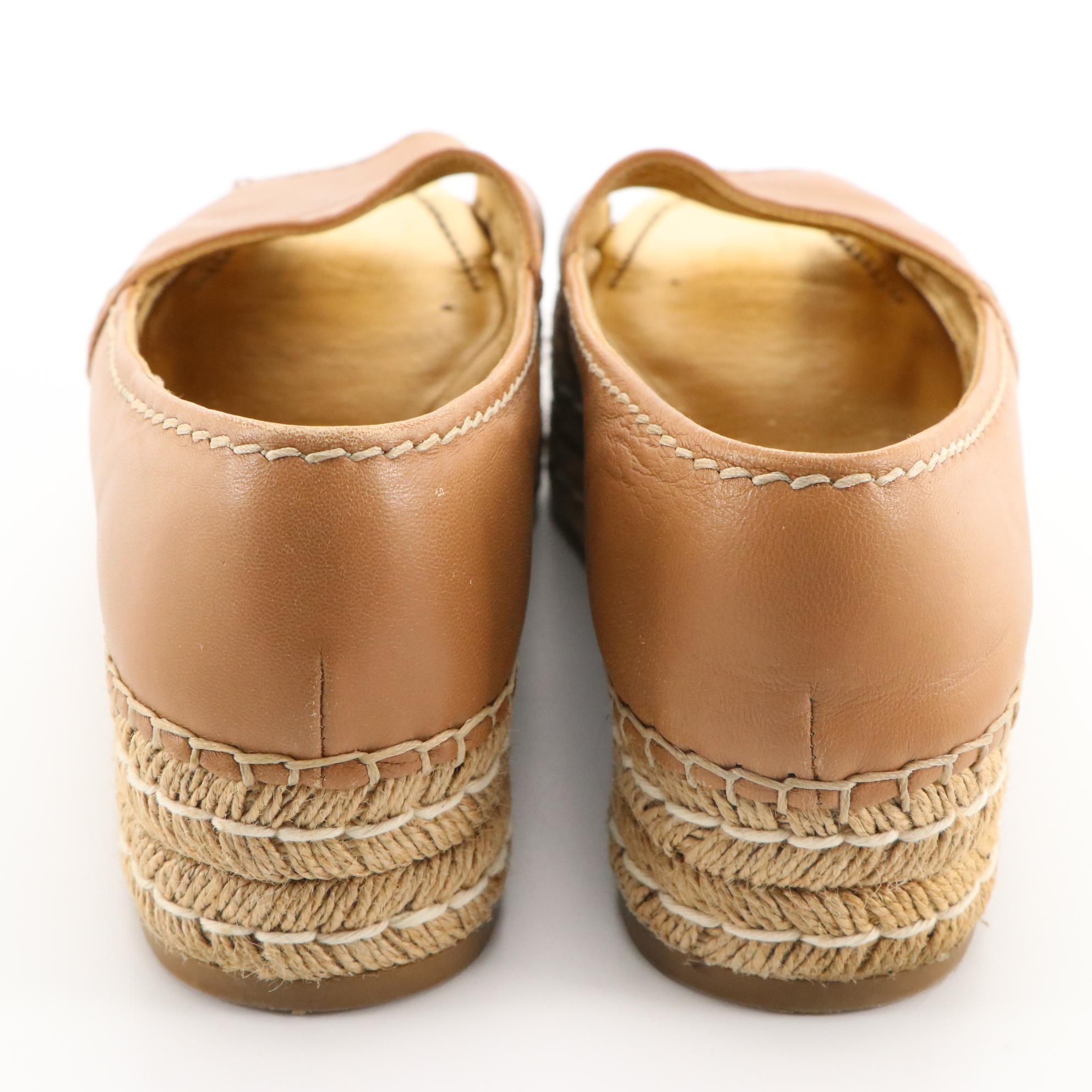 Prada Tan Leather Peep-Toe Platform Espadrilles