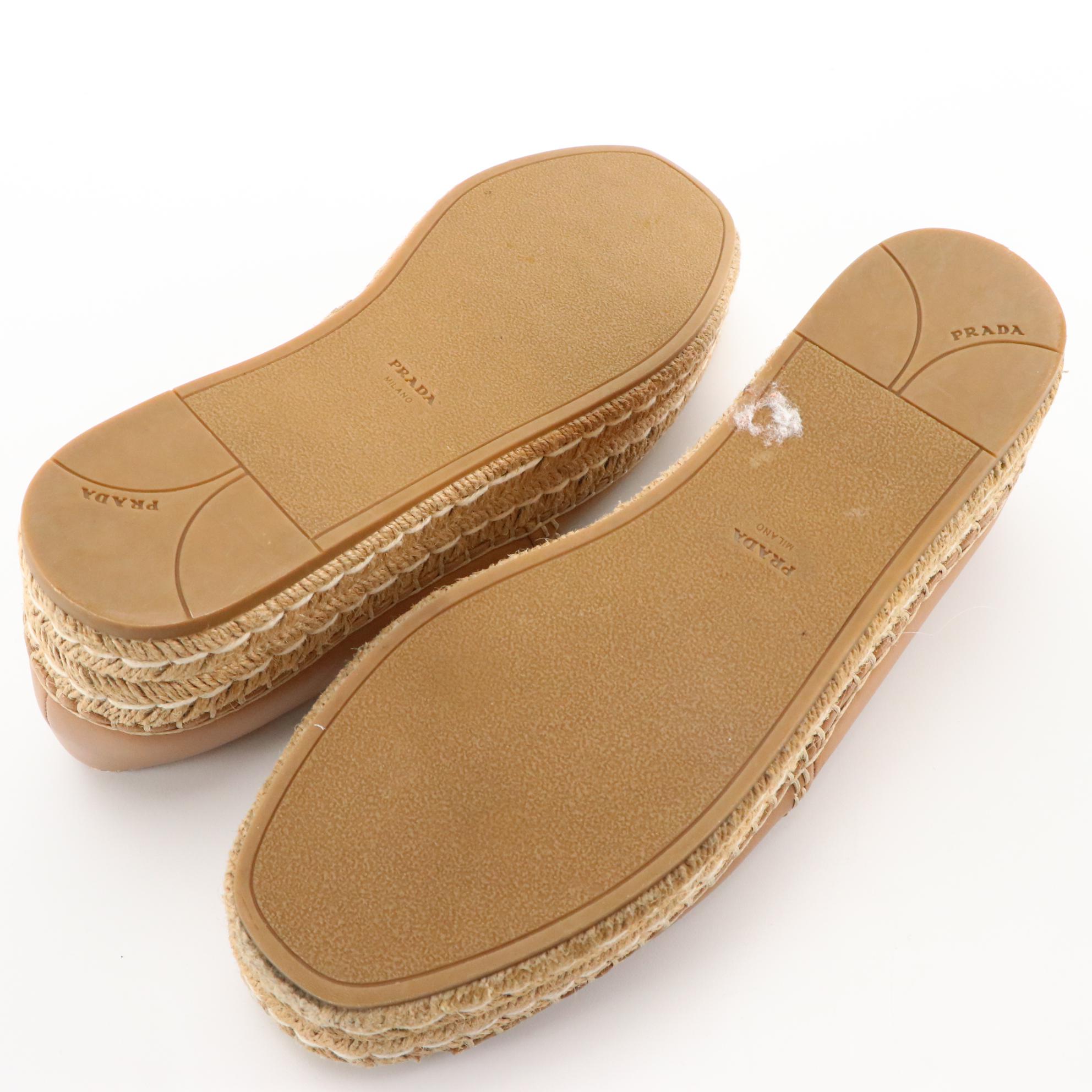 Prada Tan Leather Peep-Toe Platform Espadrilles