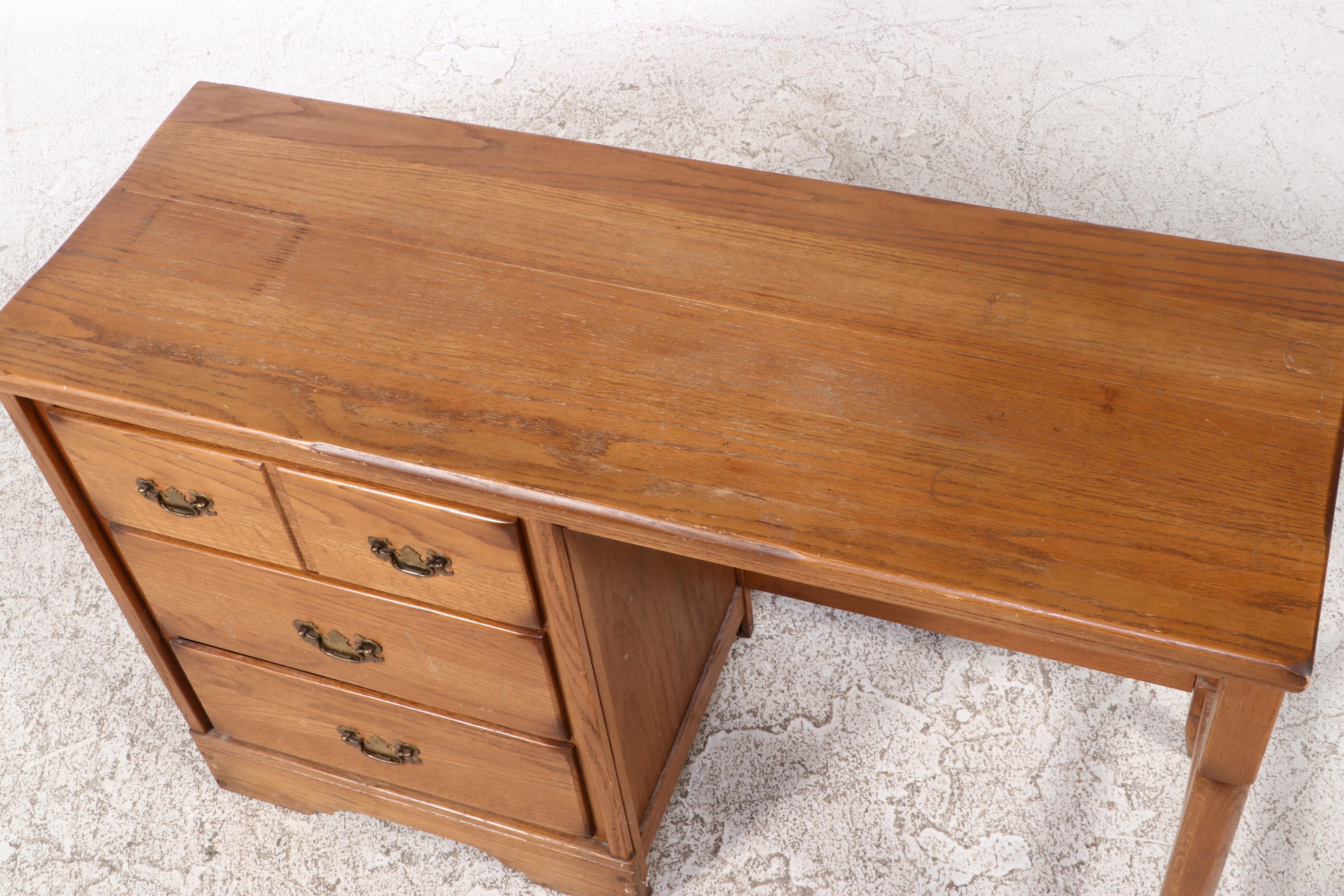 American Colonial Style Oak Student Desk with Chair, Late 20th Century