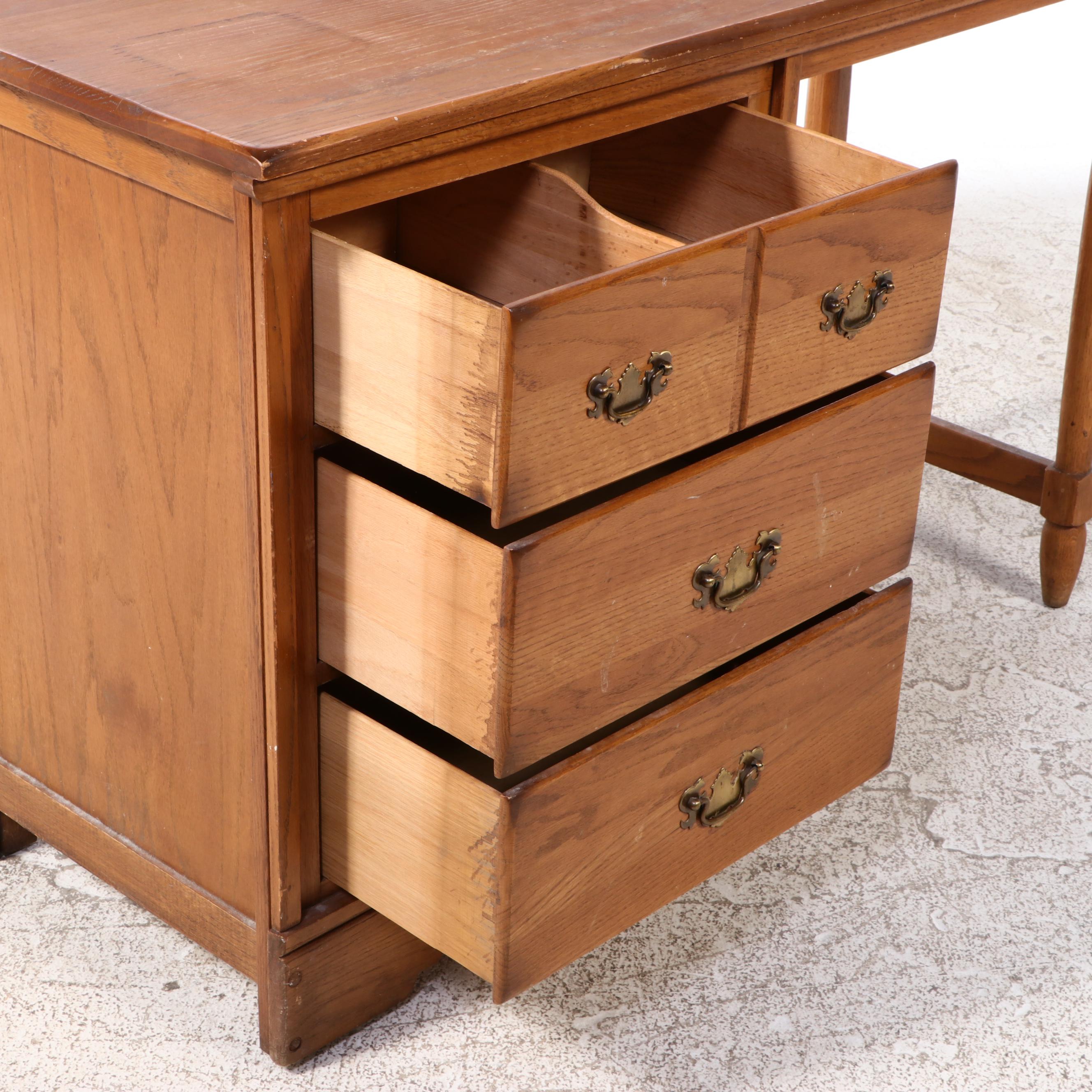 American Colonial Style Oak Student Desk with Chair, Late 20th Century