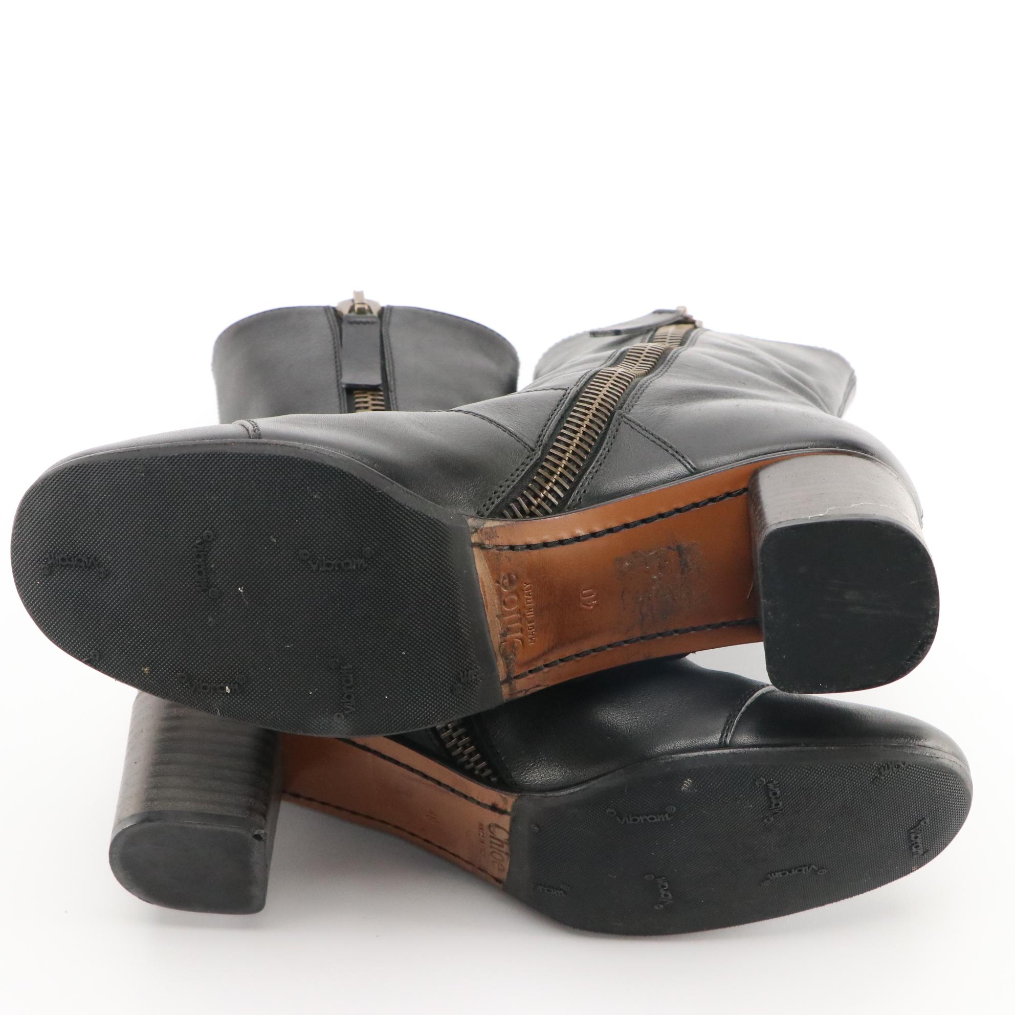 Chloé Black Leather Block Heel Ankle Boots