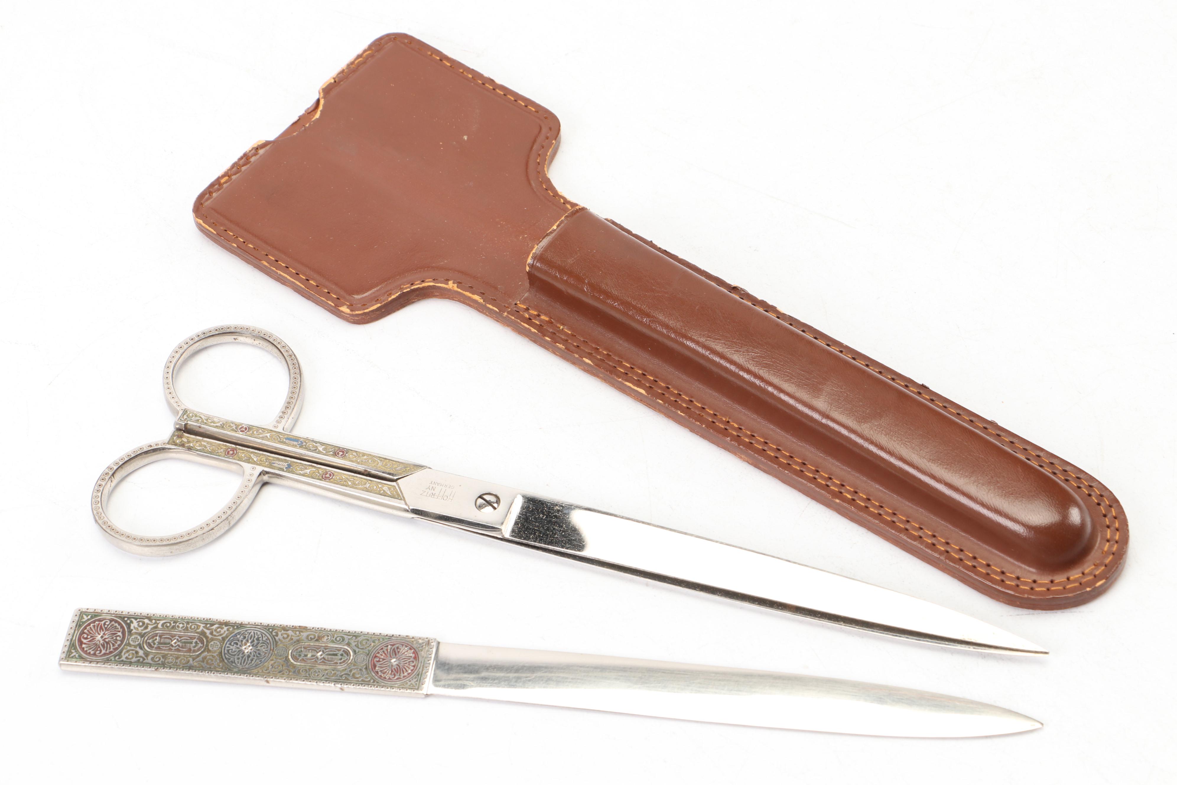 Tiffany Studios Bronze Nesting Trays with Hoffritz Scissor and Letter Opener Set