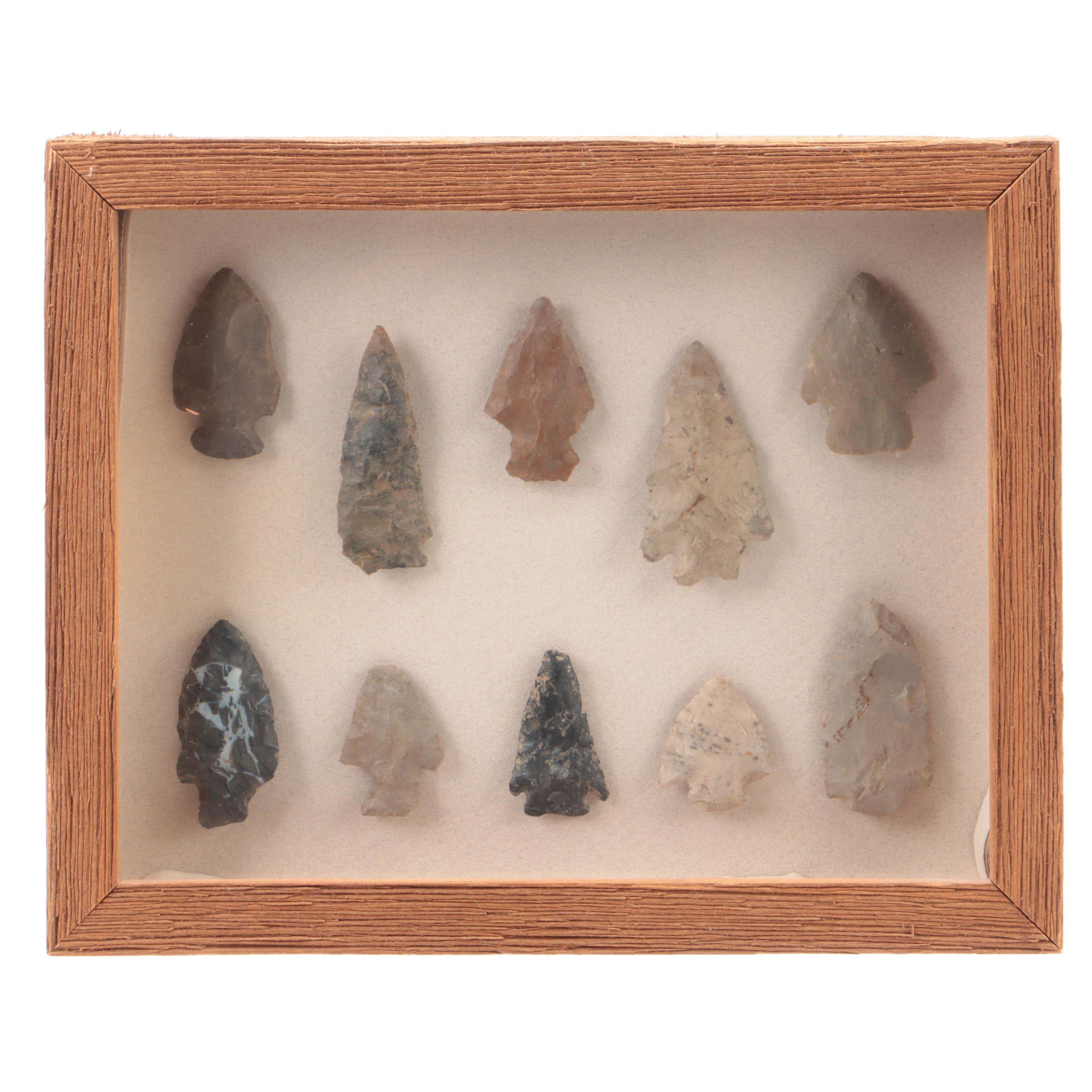Knapped Stone Projectile Points and Arrowheads in Wooden Frame Display