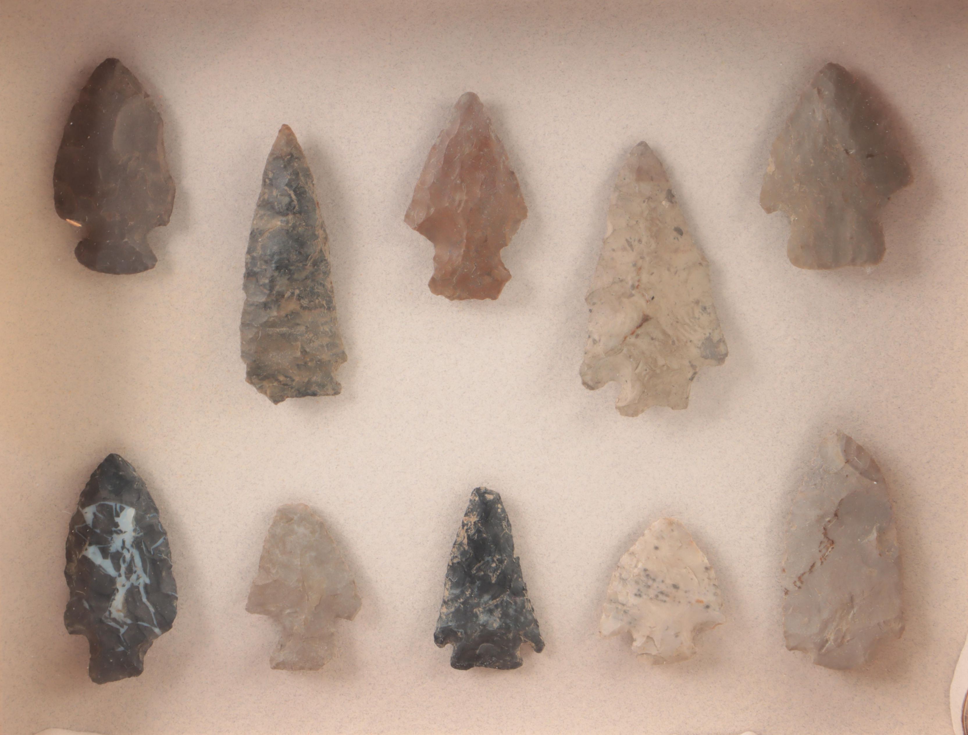 Knapped Stone Projectile Points and Arrowheads in Wooden Frame Display