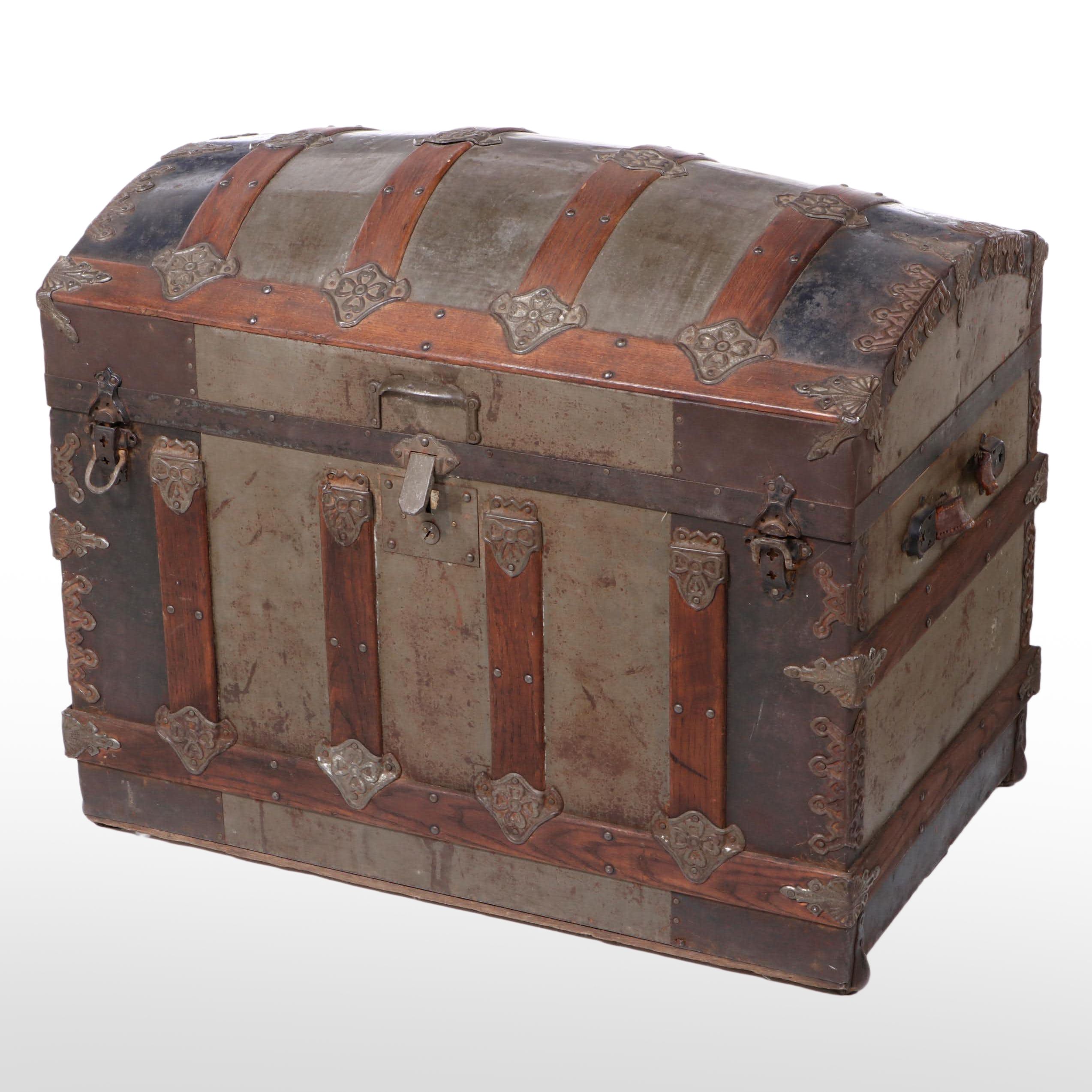 Late Victorian Metal-Clad and Slatted Wood Dome Top Steamer Trunk