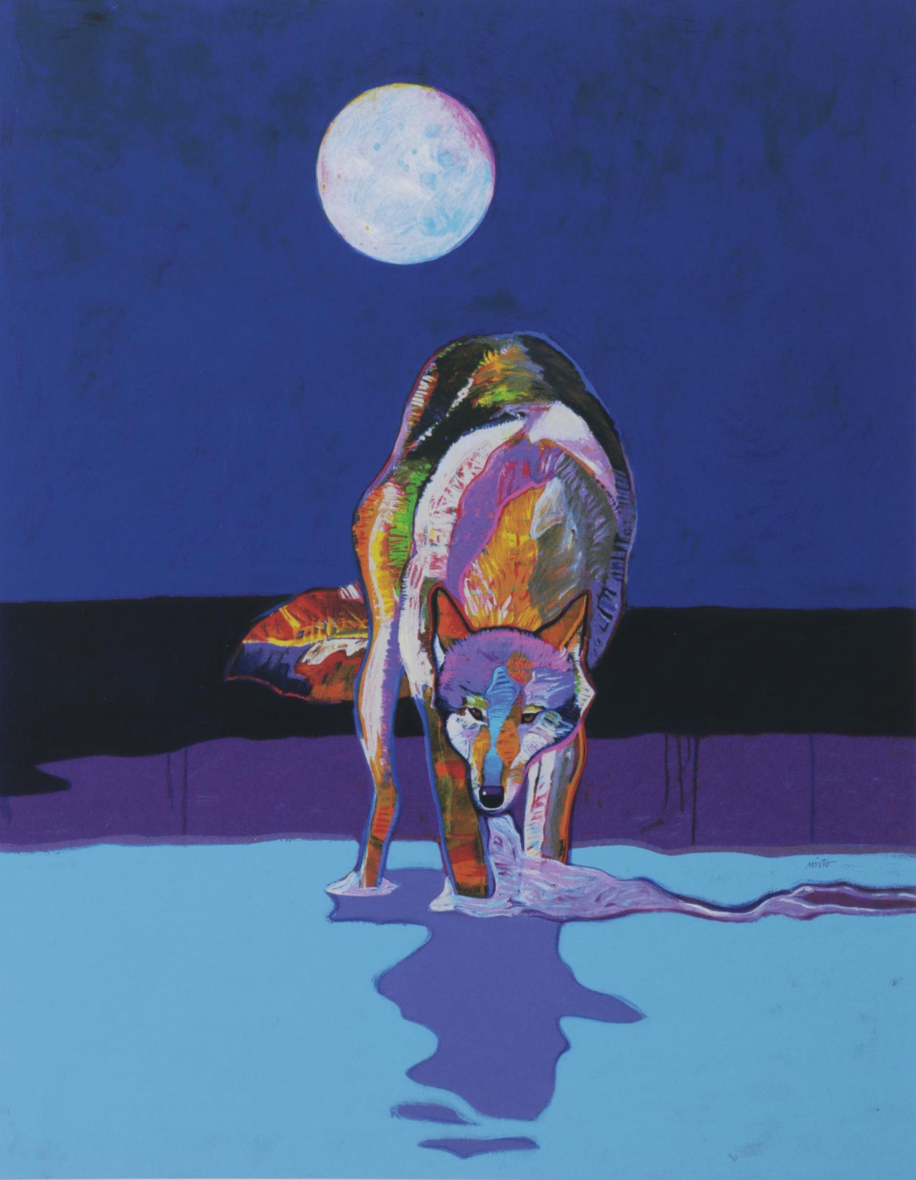 John Nieto Serigraph "Wolf Drinking Water by Moonlight," 1996