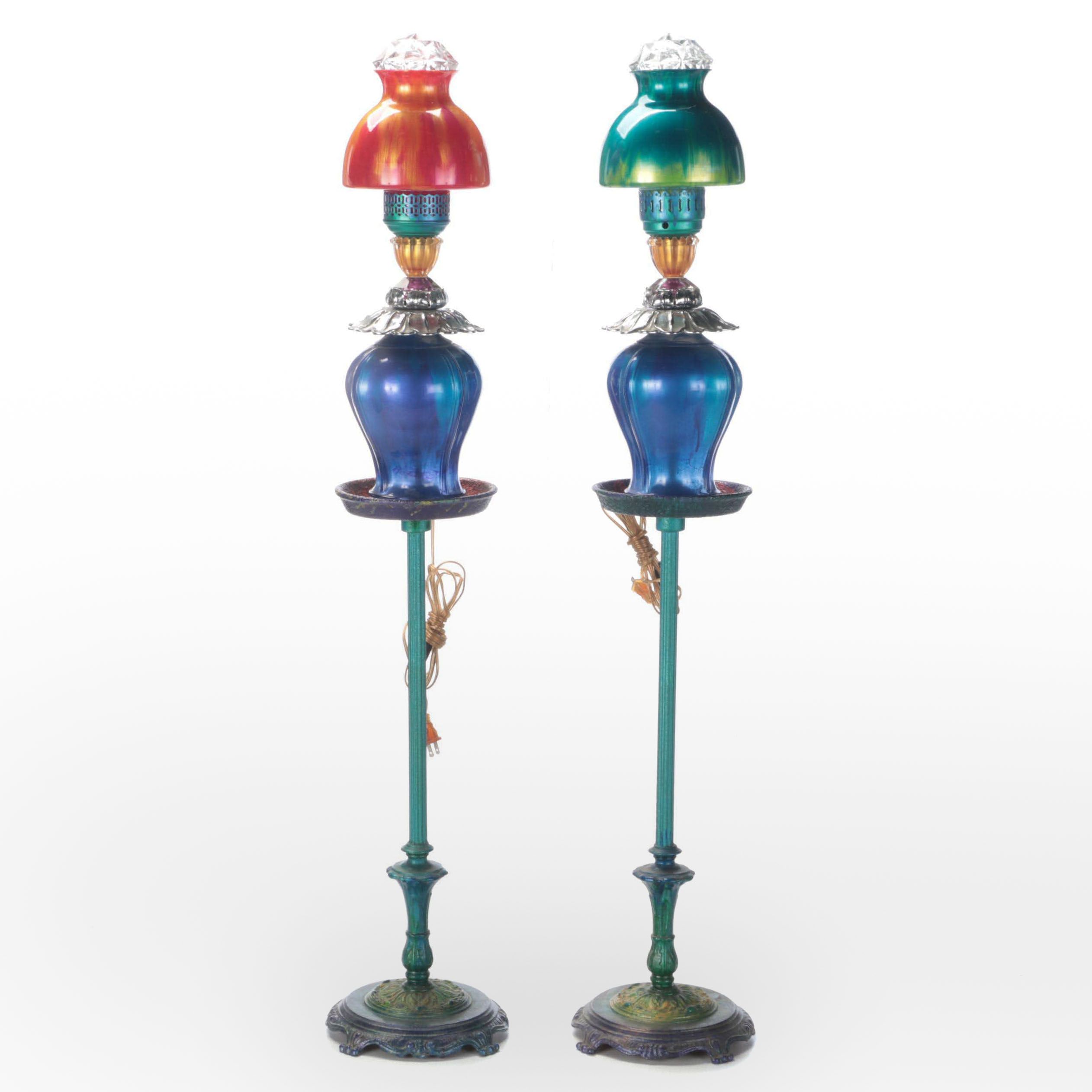 Alden Willard Cole Torchiere Lamps on Painted Cast Iron Stands
