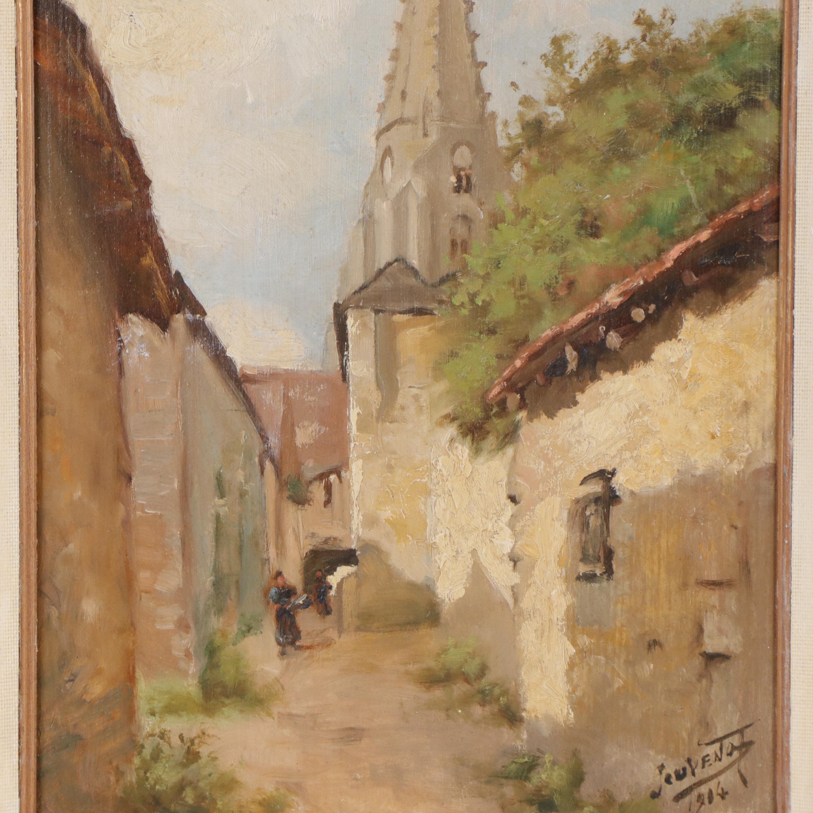 European Village Scene Oil Painting, 1904