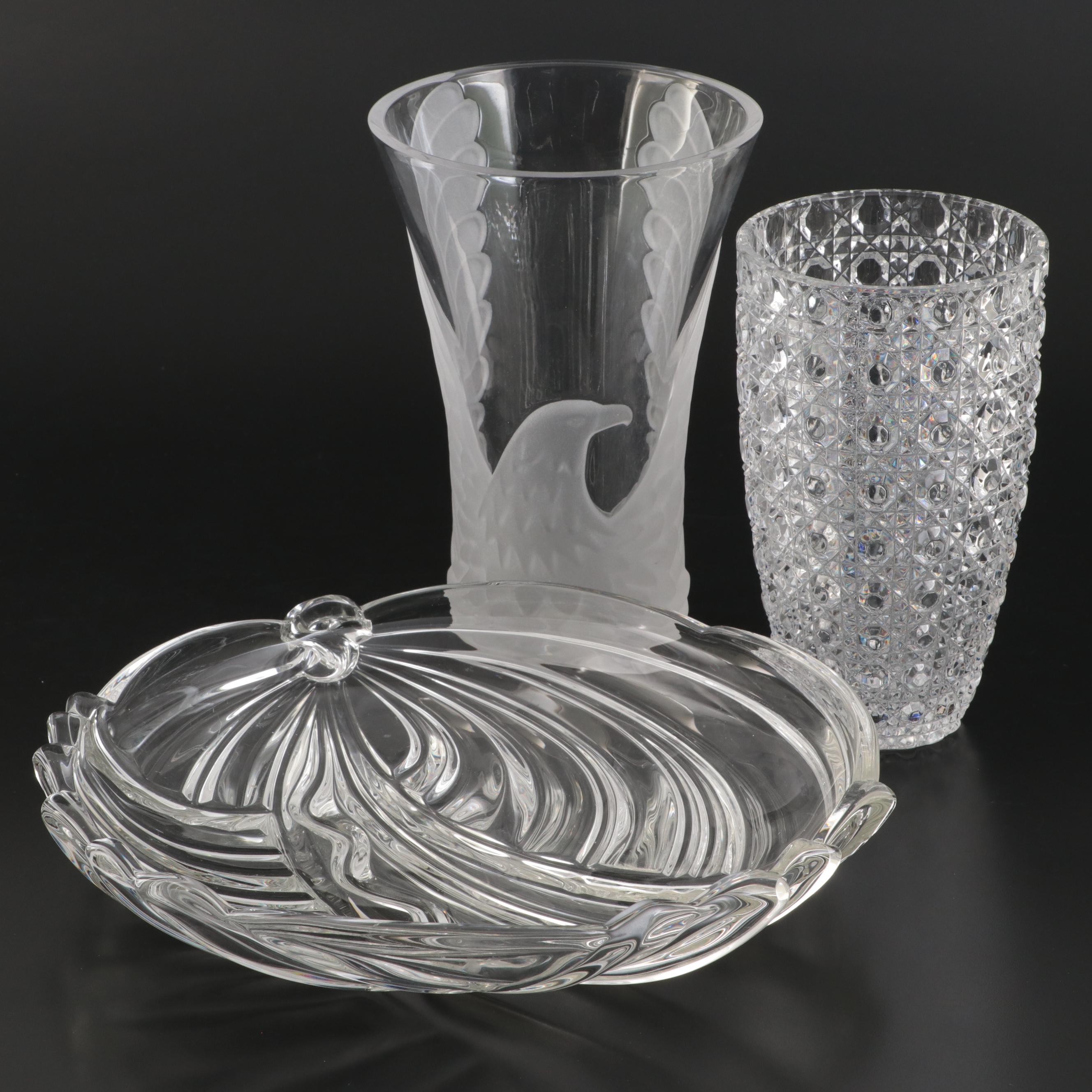 Godinger "Cecilia Collection" Glass Platter with Crystal and Glass Vases