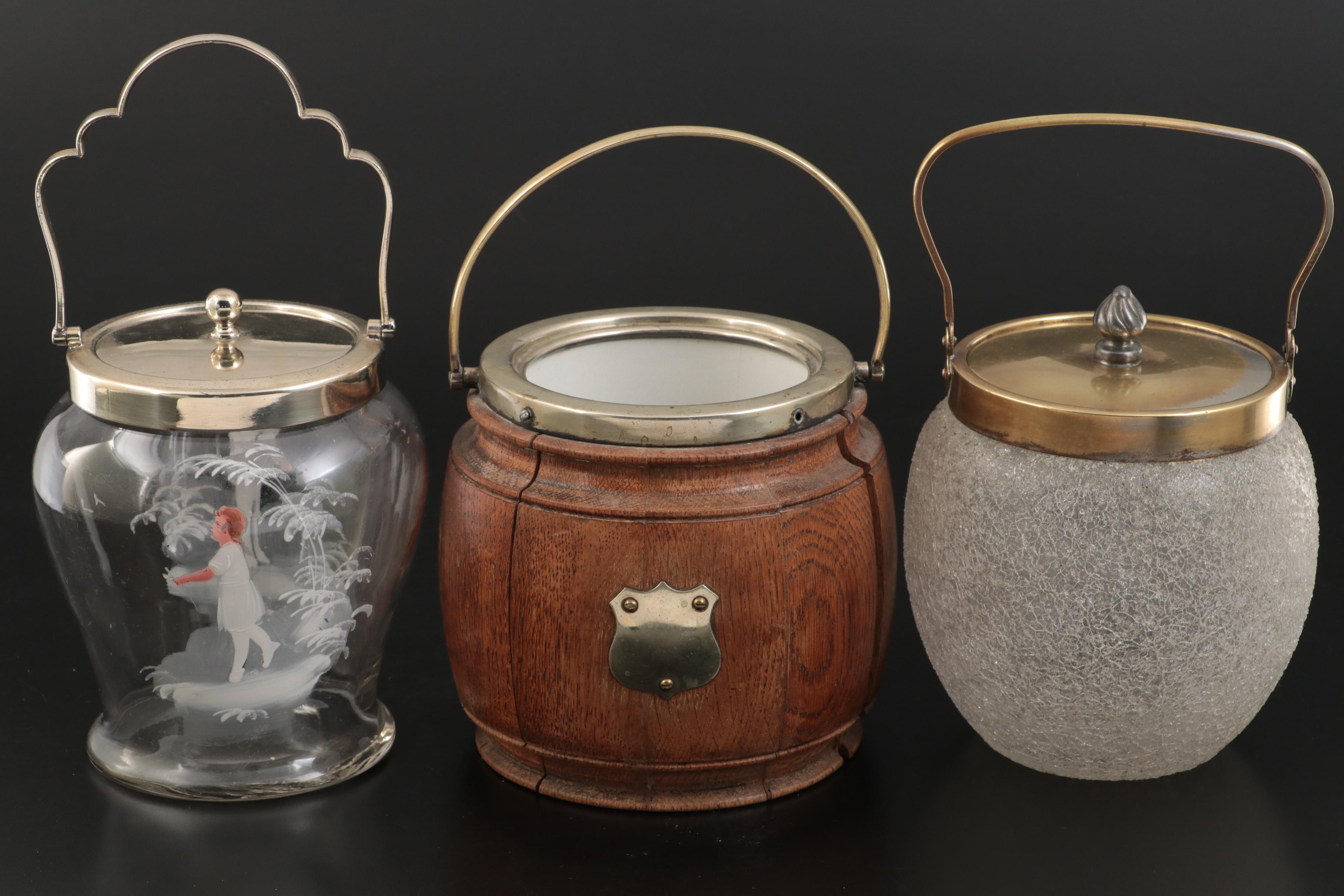 Hand-Painted Glass Biscuit Barrel with Other Biscuit Barrels