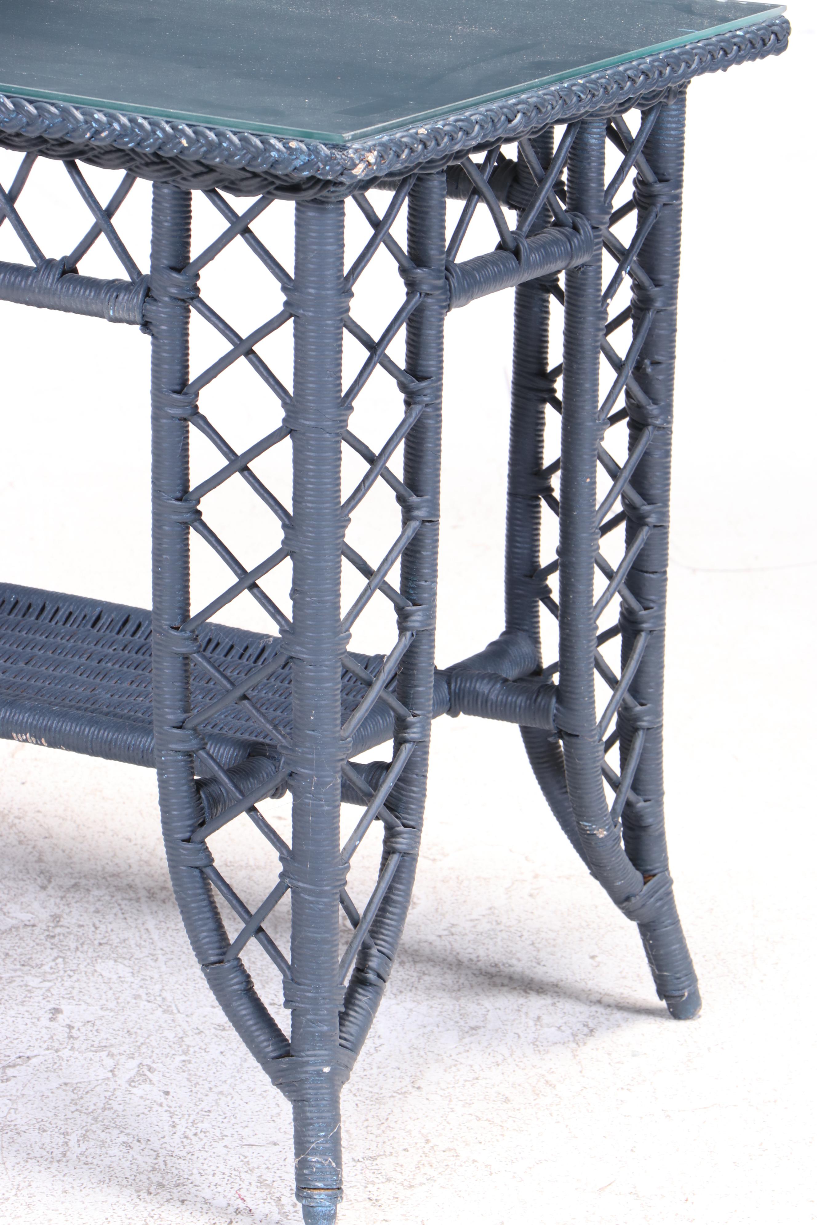 Painted Wicker and Rattan Table with Glass Top