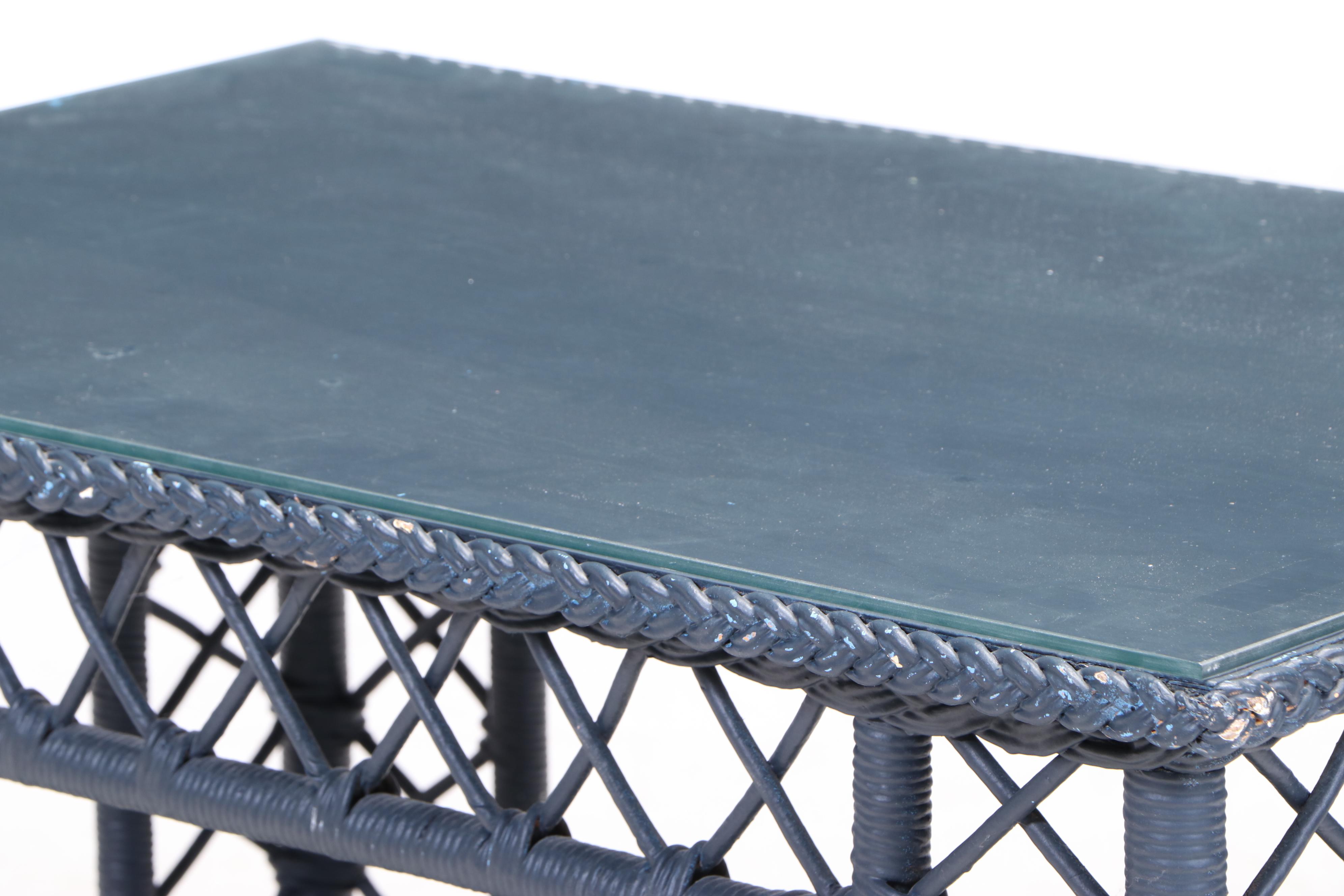 Painted Wicker and Rattan Table with Glass Top