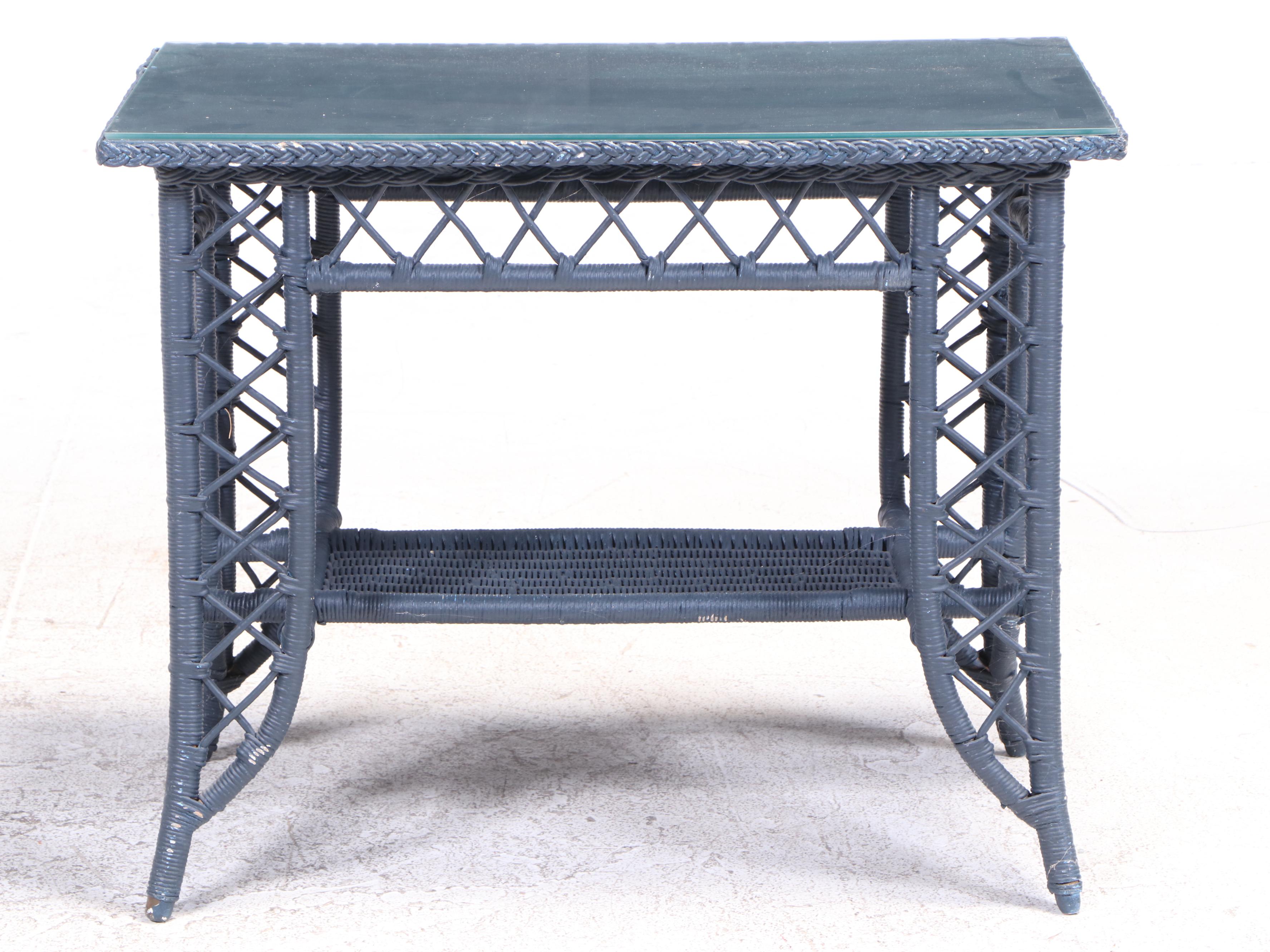 Painted Wicker and Rattan Table with Glass Top